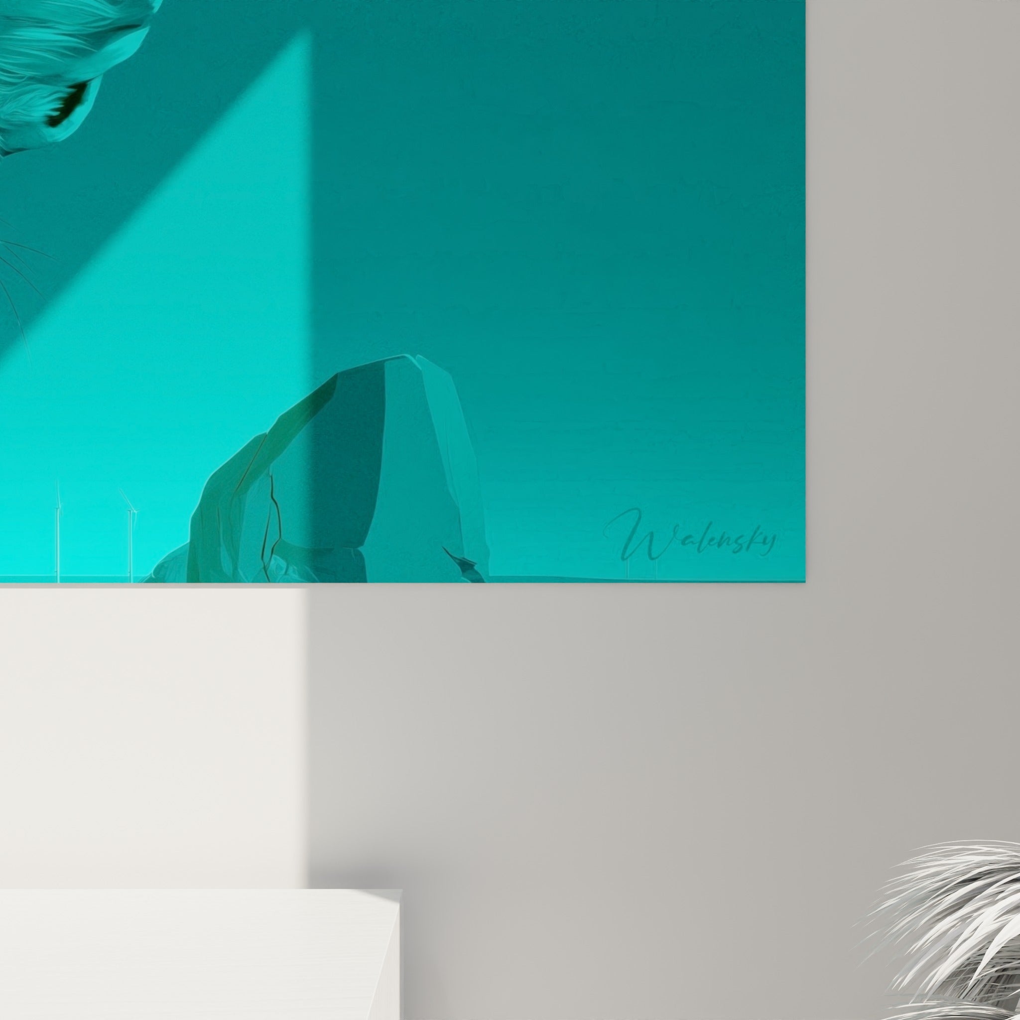 Détail de la fourrure texturée du fennec, jeux d'ombres turquoise et blanches, grain de l'impression visible