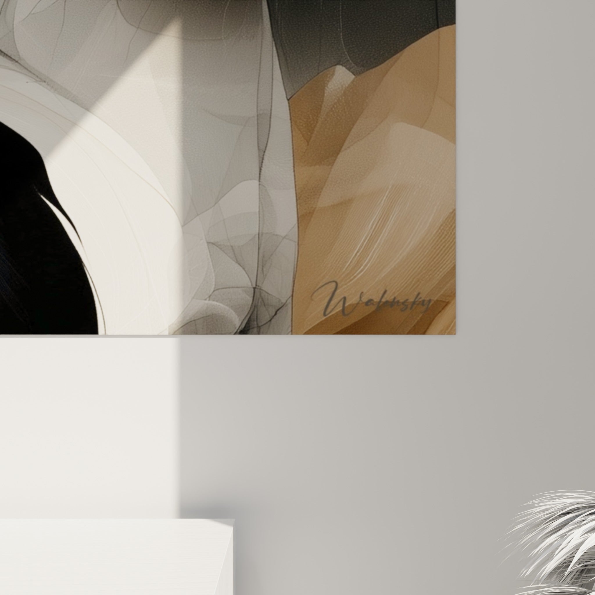 Détail des oreilles fennec en fines coulures grises et noires, textures fragmentées et traits graphiques serrés
