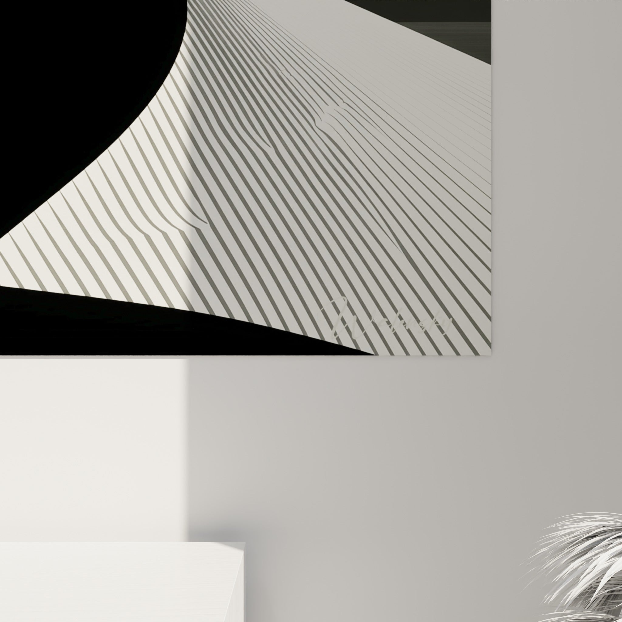 Détail des lignes fines noires et blanches formant les dunes autour du fennec stylisé