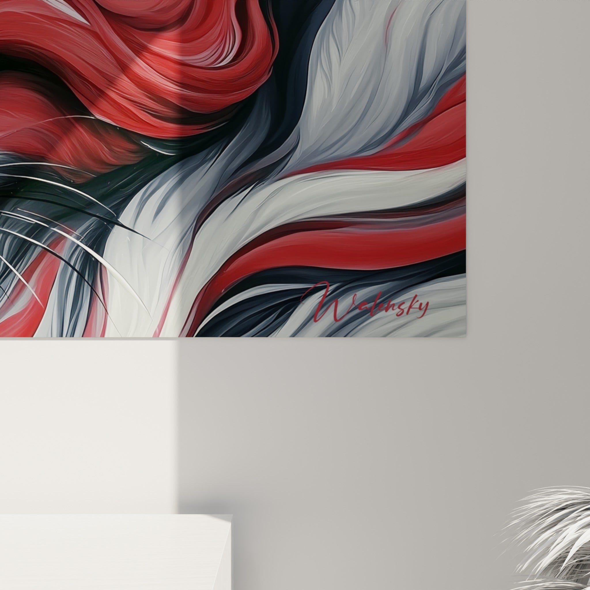Détail des mèches peintes en rouge et blanc du fennec, matière fluide et texture proche de l'encre