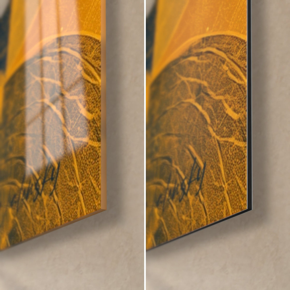 Wall art fennec fox in ochre and navy blue, lower right corner, glossy acrylic glass on the left, matte black Dibond on the right, 3 mm edge