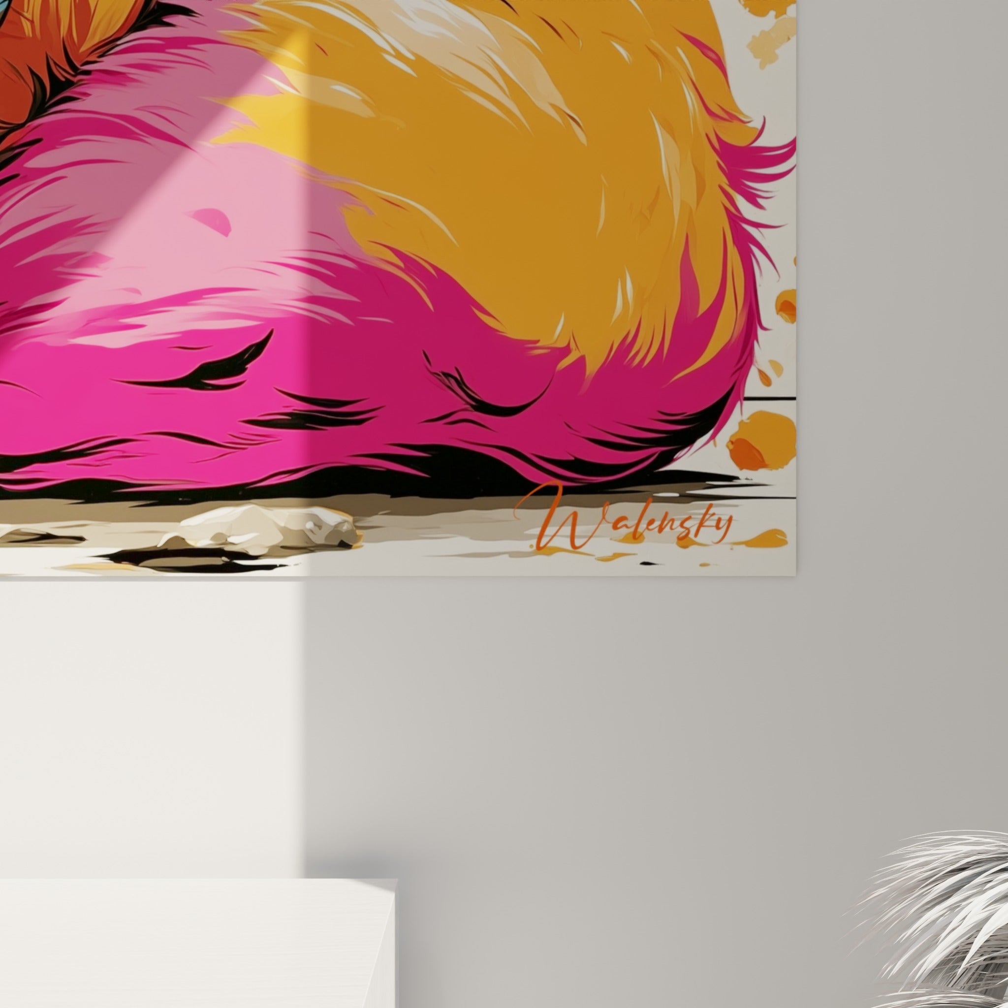 Détail des touches orange et fuchsia du pelage du fennec, éclaboussures de peinture et grain visible de l'impression