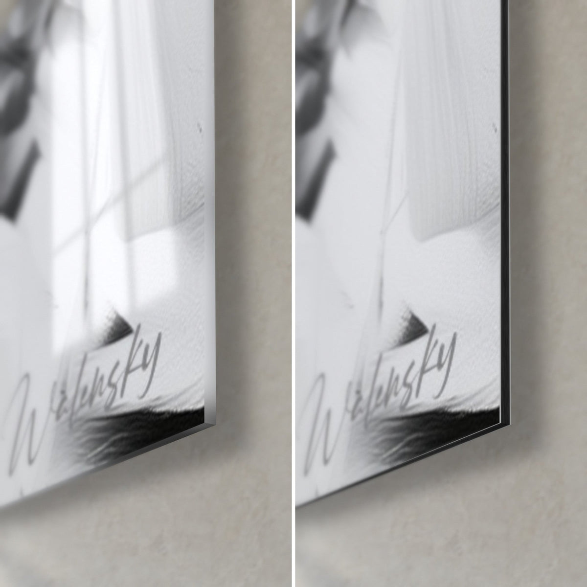 Wall art of a Saharan canid, grey Walensky signature, bottom right corner: glossy glass on the left, matte black Dibond on the right