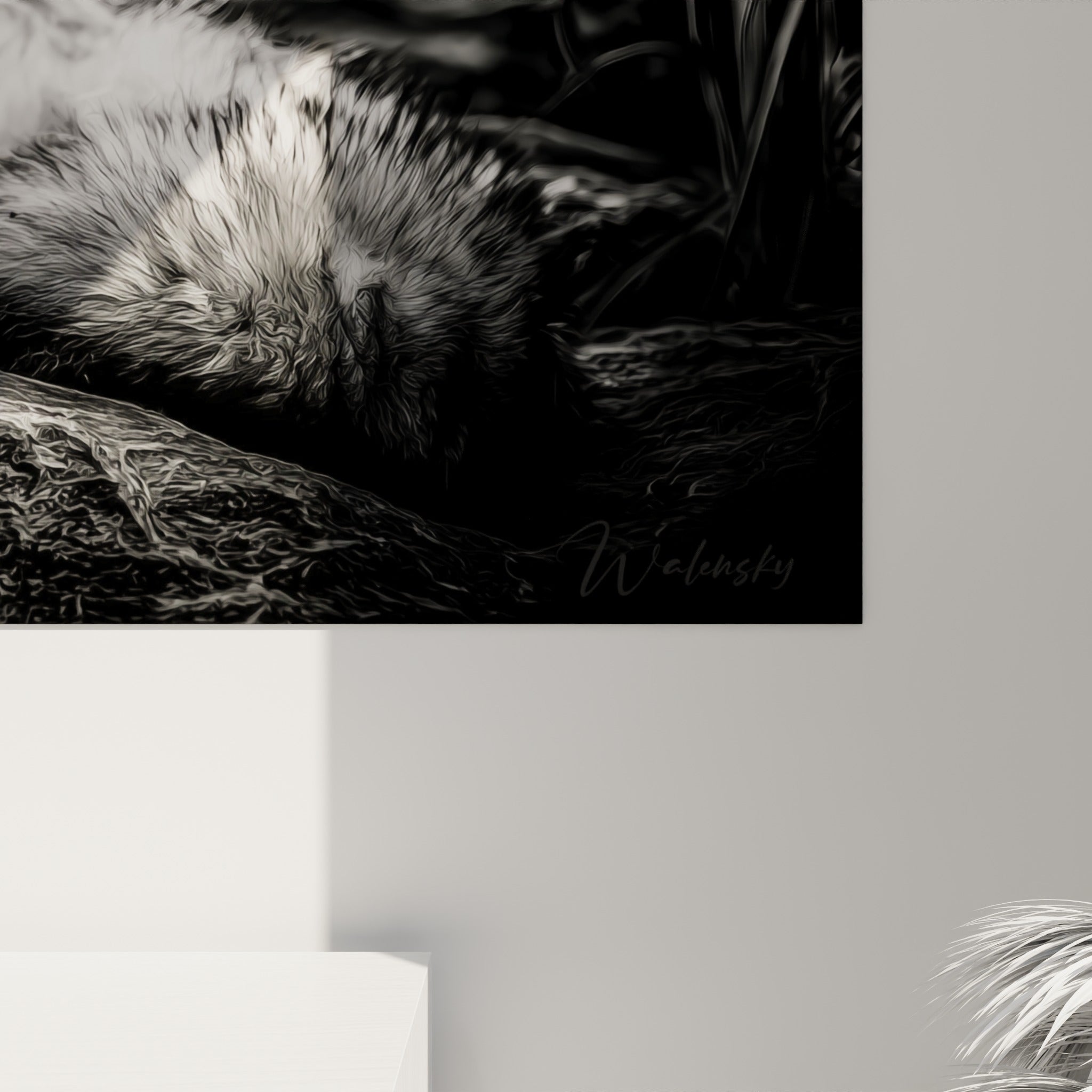 Détail du pelage du fennec en gris et blanc, grain fin de l'impression révélant chaque texture de la fourrure