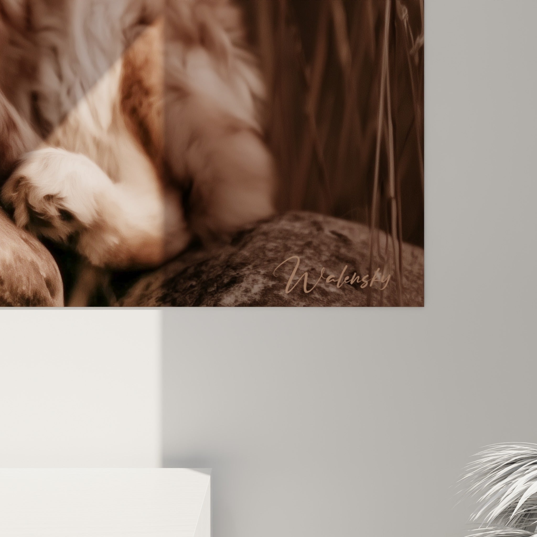Détail du pelage beige et brun du fennec, texture picturale sépia et empâtements visibles à l'impression