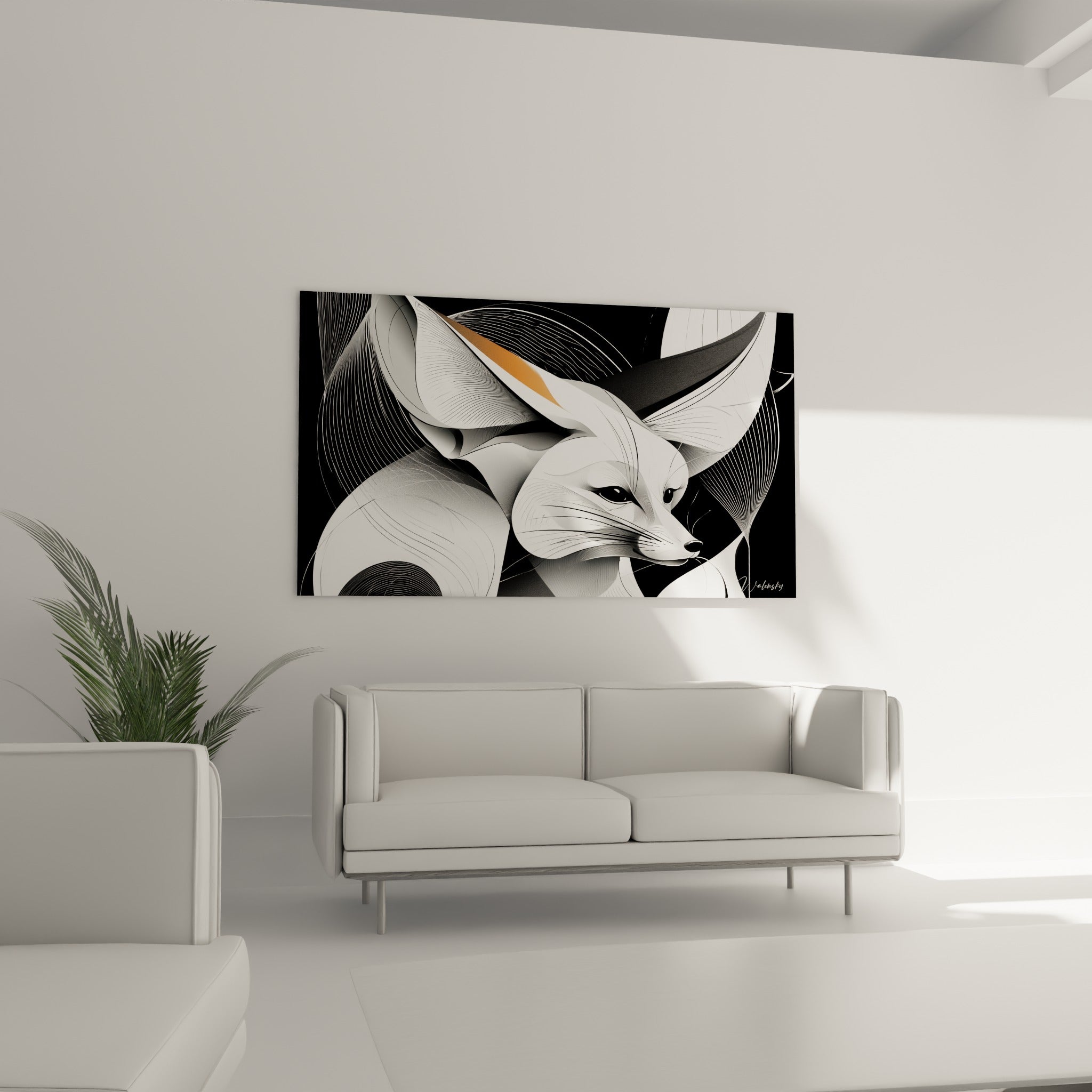 Regard sombre du fennec entouré de courbes blanches, accroché au-dessus d'un canapé dans un salon lumineux