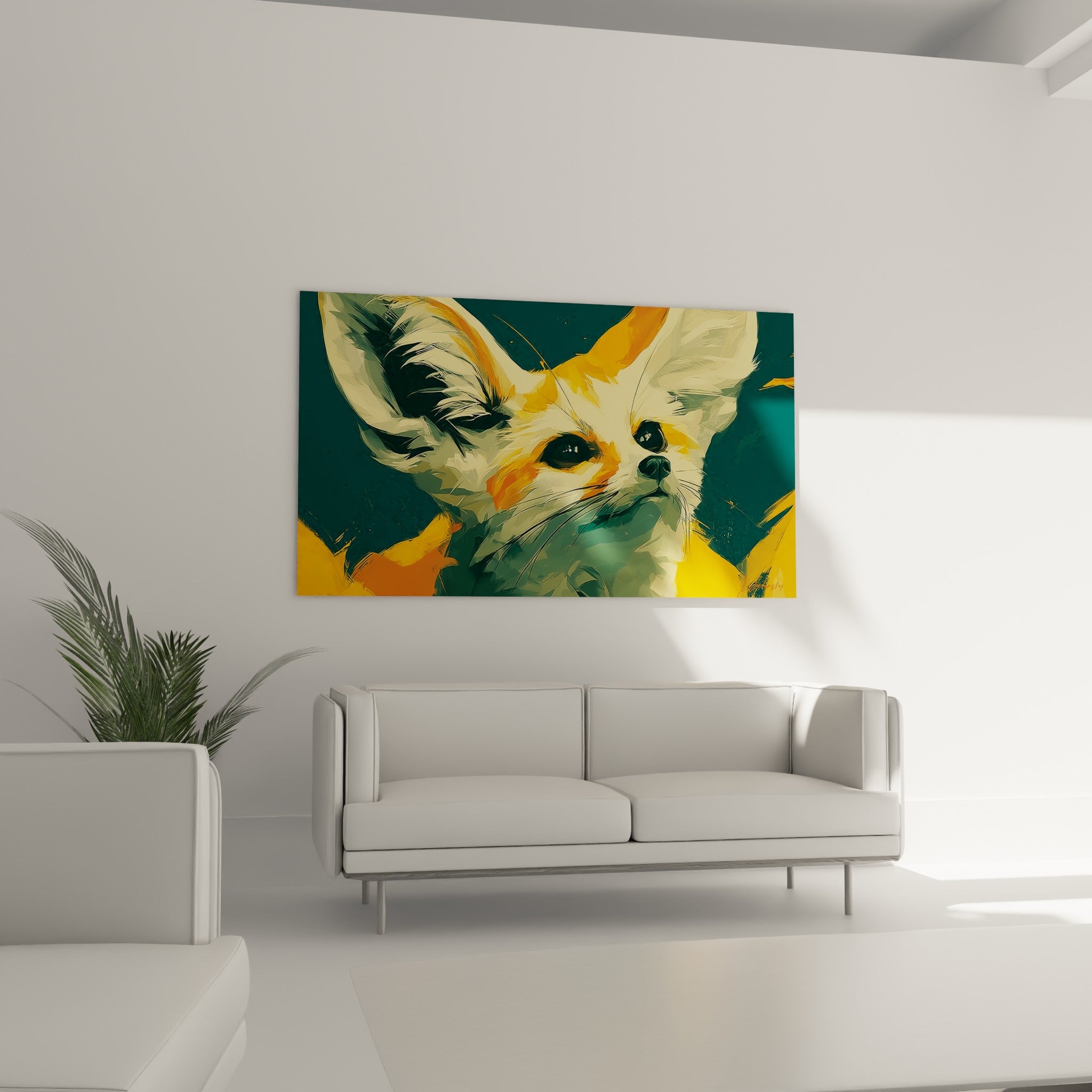 Oreilles immenses du fennec en crème et orangé, exposées au-dessus d'un canapé dans un salon lumineux