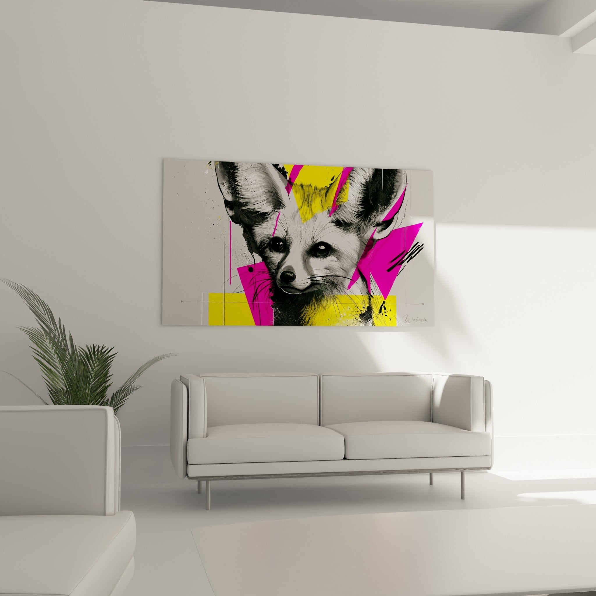 Museau fin du fennec rehaussé de triangles jaunes et fuchsia, au-dessus d'un canapé dans un salon lumineux