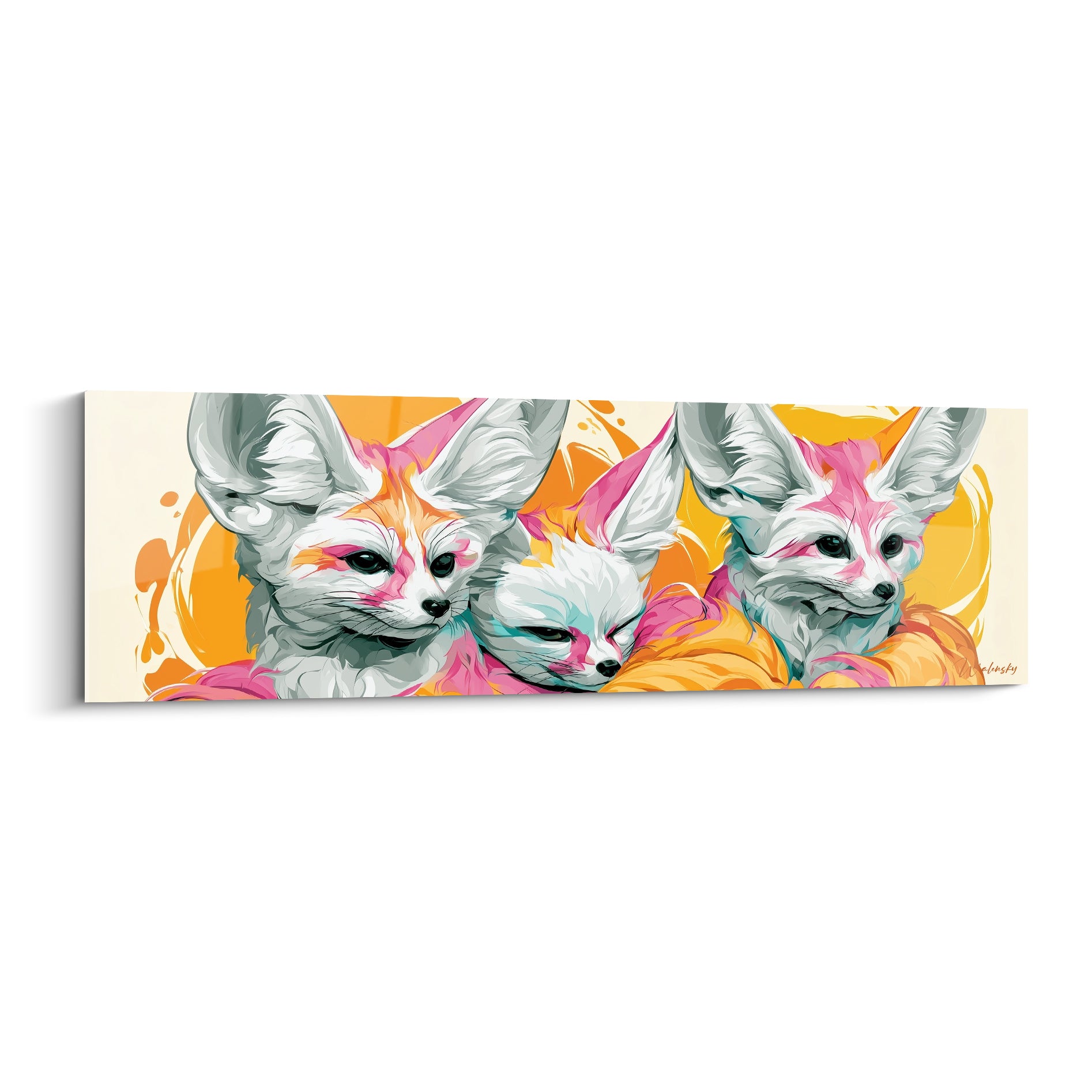 Trio de fennecs aux oreilles roses et pelage orange, style graphique vibrant sur fond crème