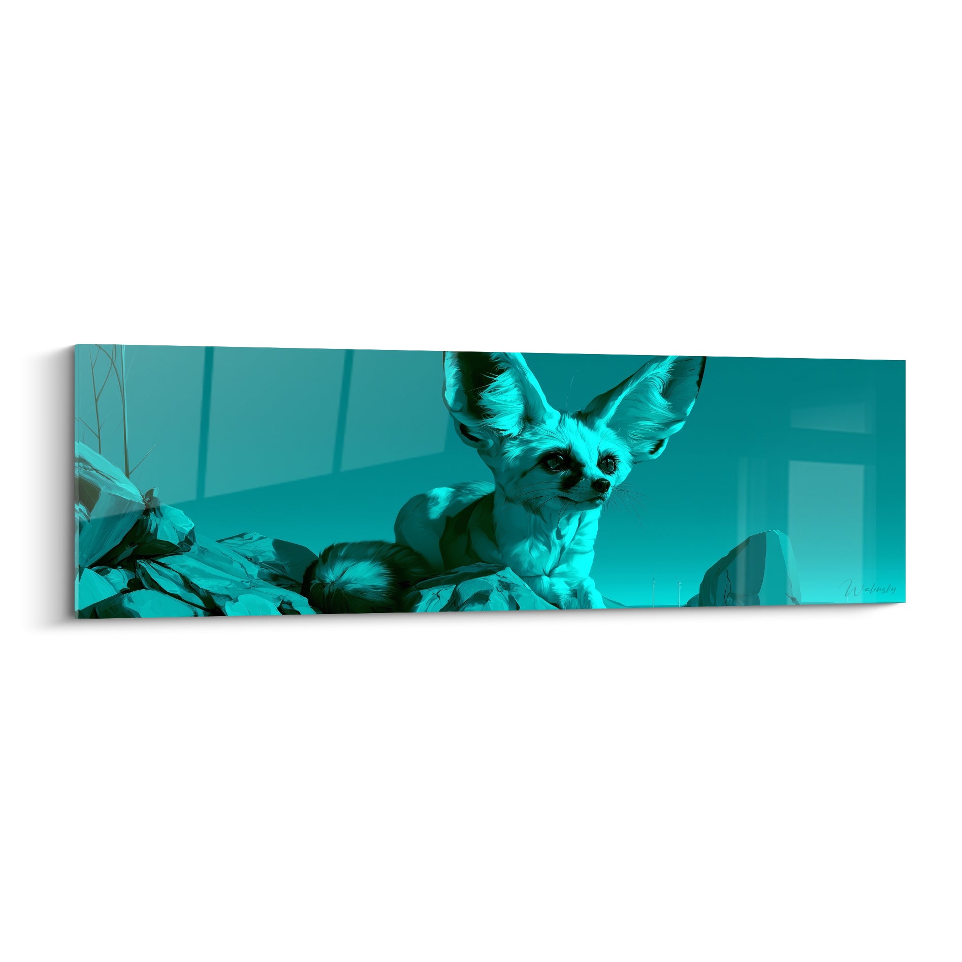 Fennec allongé sur des rochers, teintes turquoise et noir, regard fixe et oreilles dressées