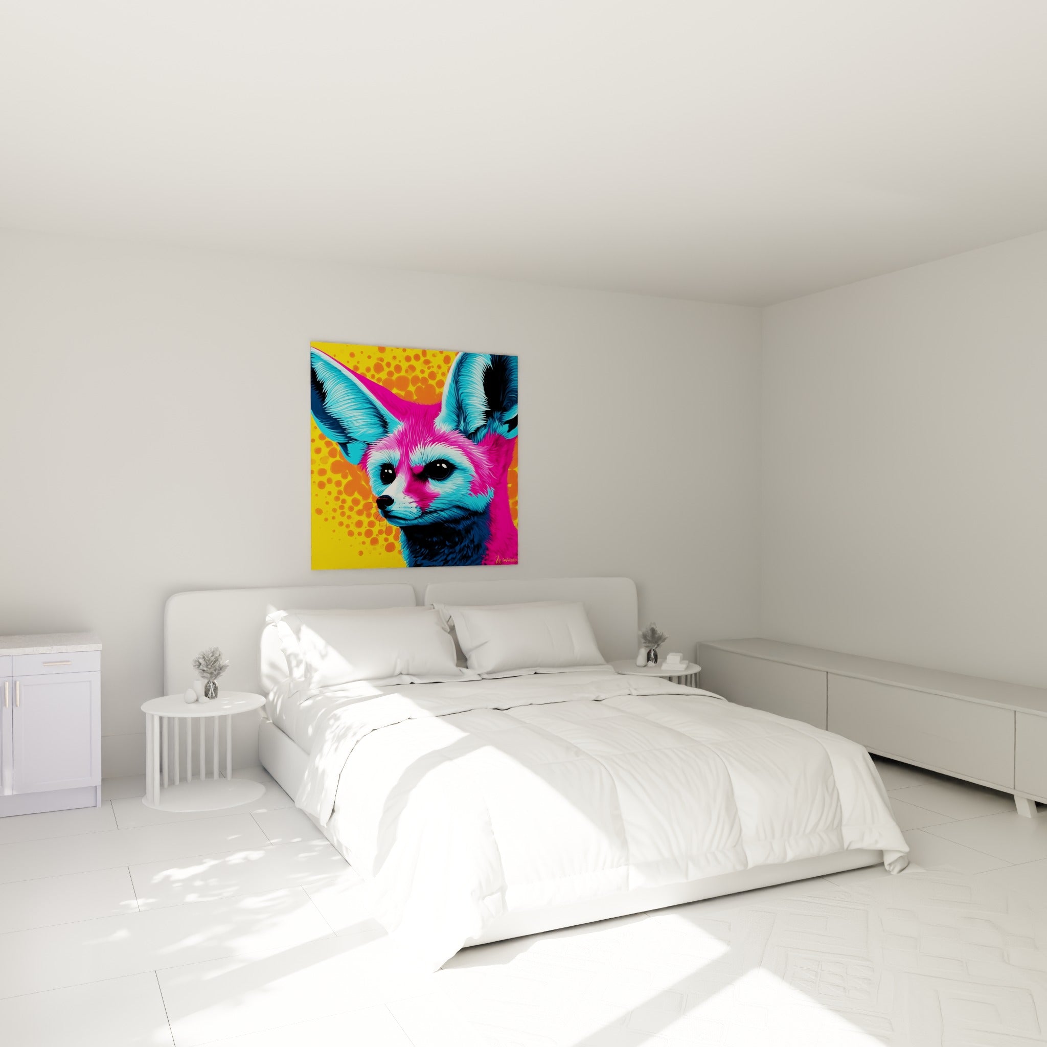 Regard perçant du fennec pop art rose et bleu au-dessus d'un lit dans une chambre claire