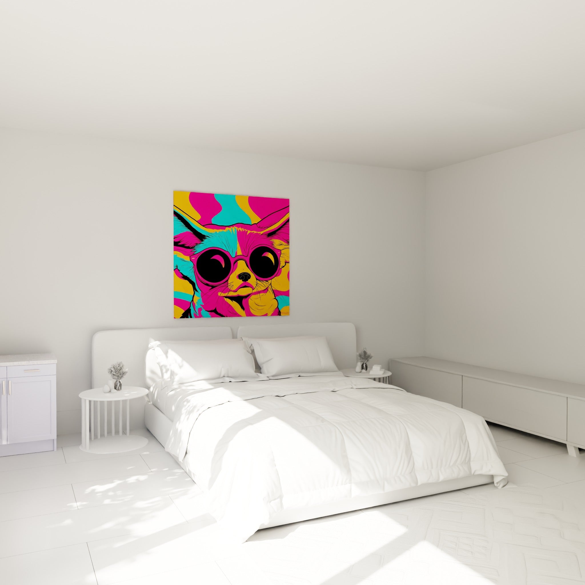 Museau de fennec aux teintes fuchsia et turquoise accroché au-dessus d'un lit dans une chambre claire