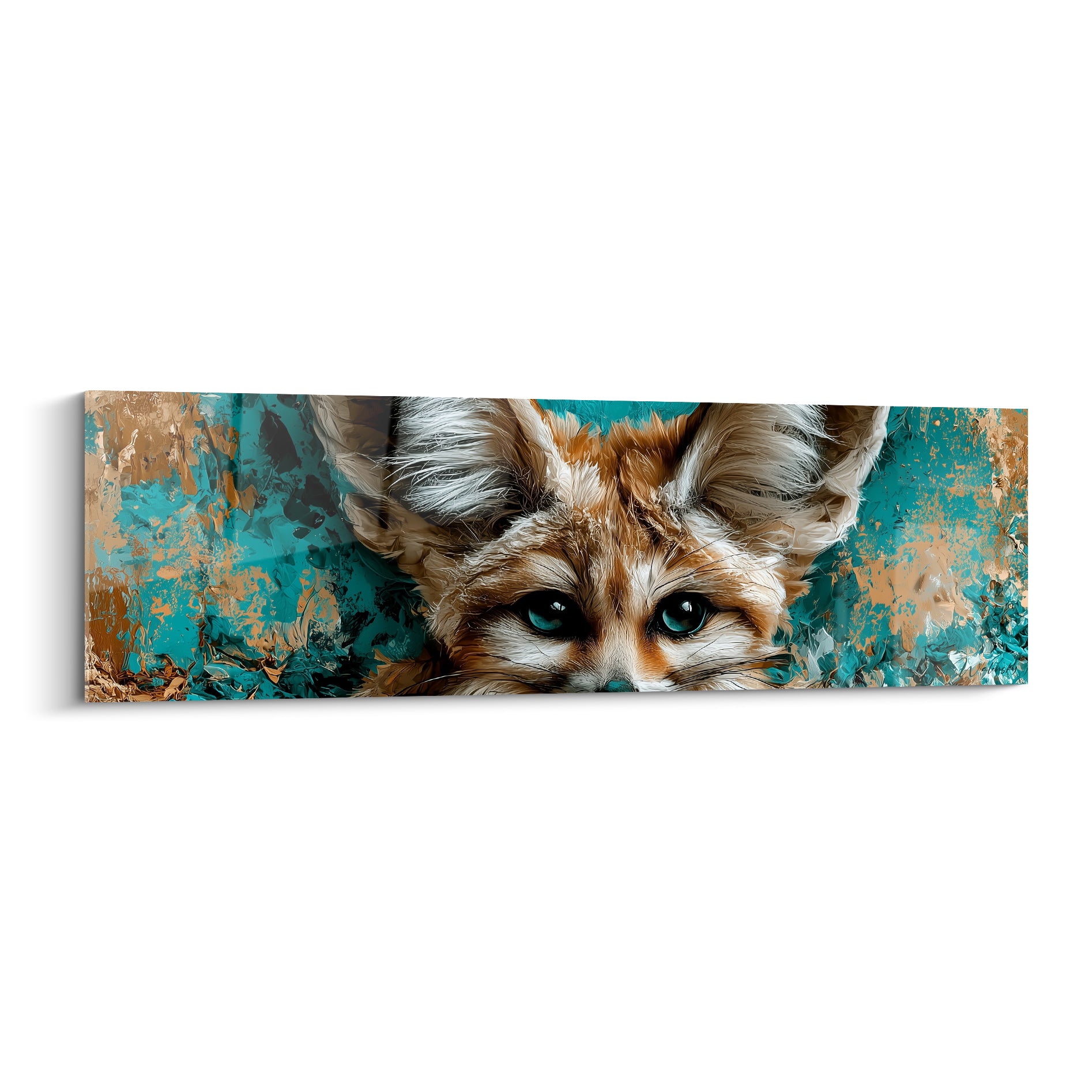 Fennec au regard turquoise et cuivré, oreilles dressées, peinture texturée expressive
