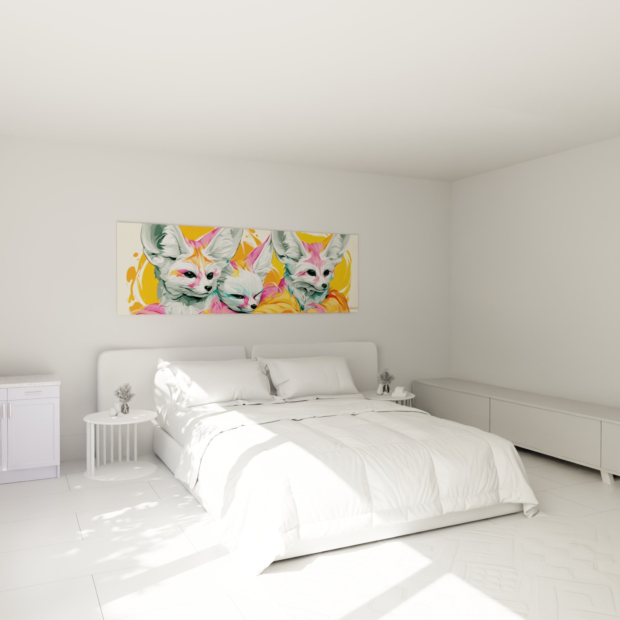 Fennecs blottis aux teintes orange et turquoise, accrochés au-dessus d'un lit dans une chambre claire