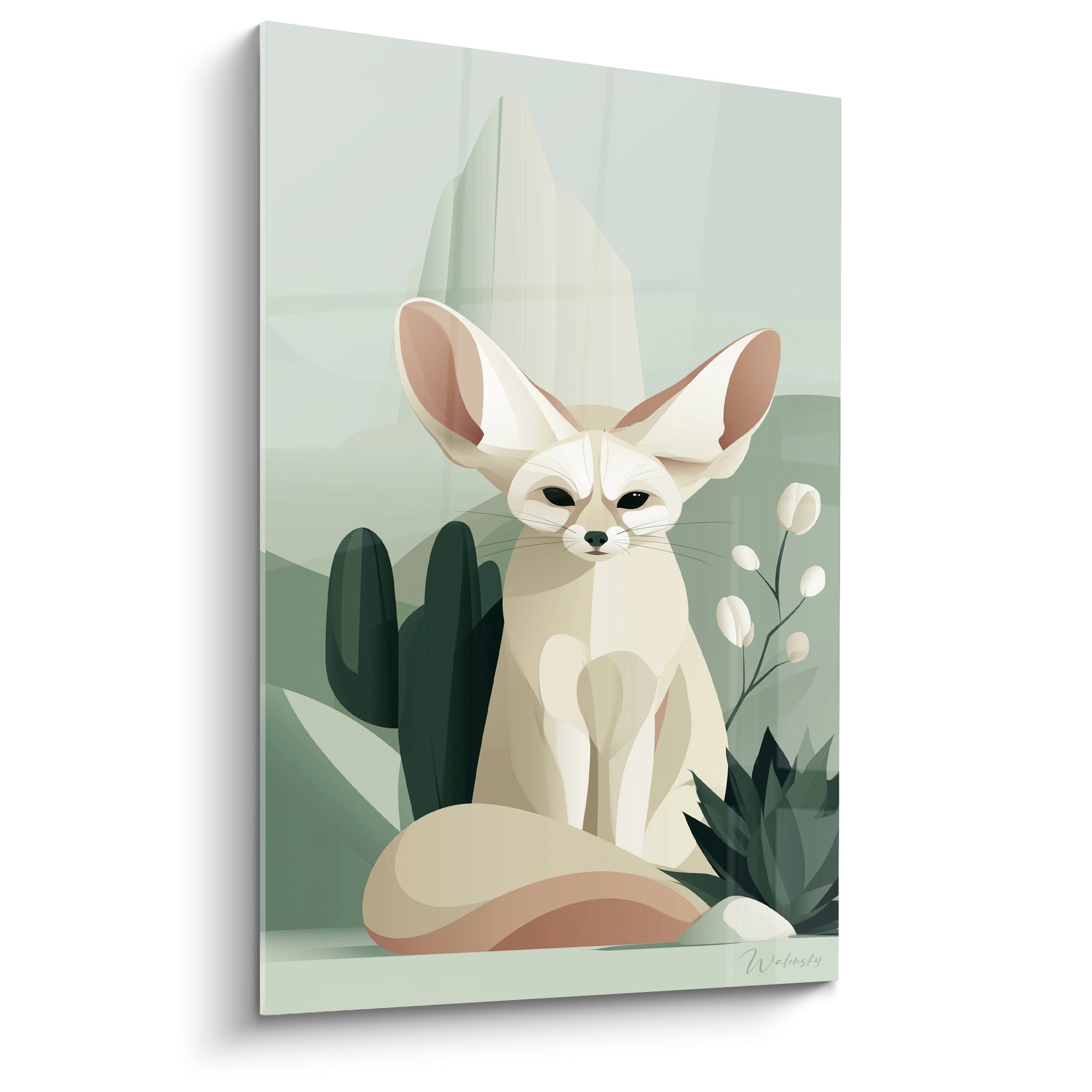 Fennec assis aux oreilles roses sur fond vert amande et crème, style illustration désertique épurée