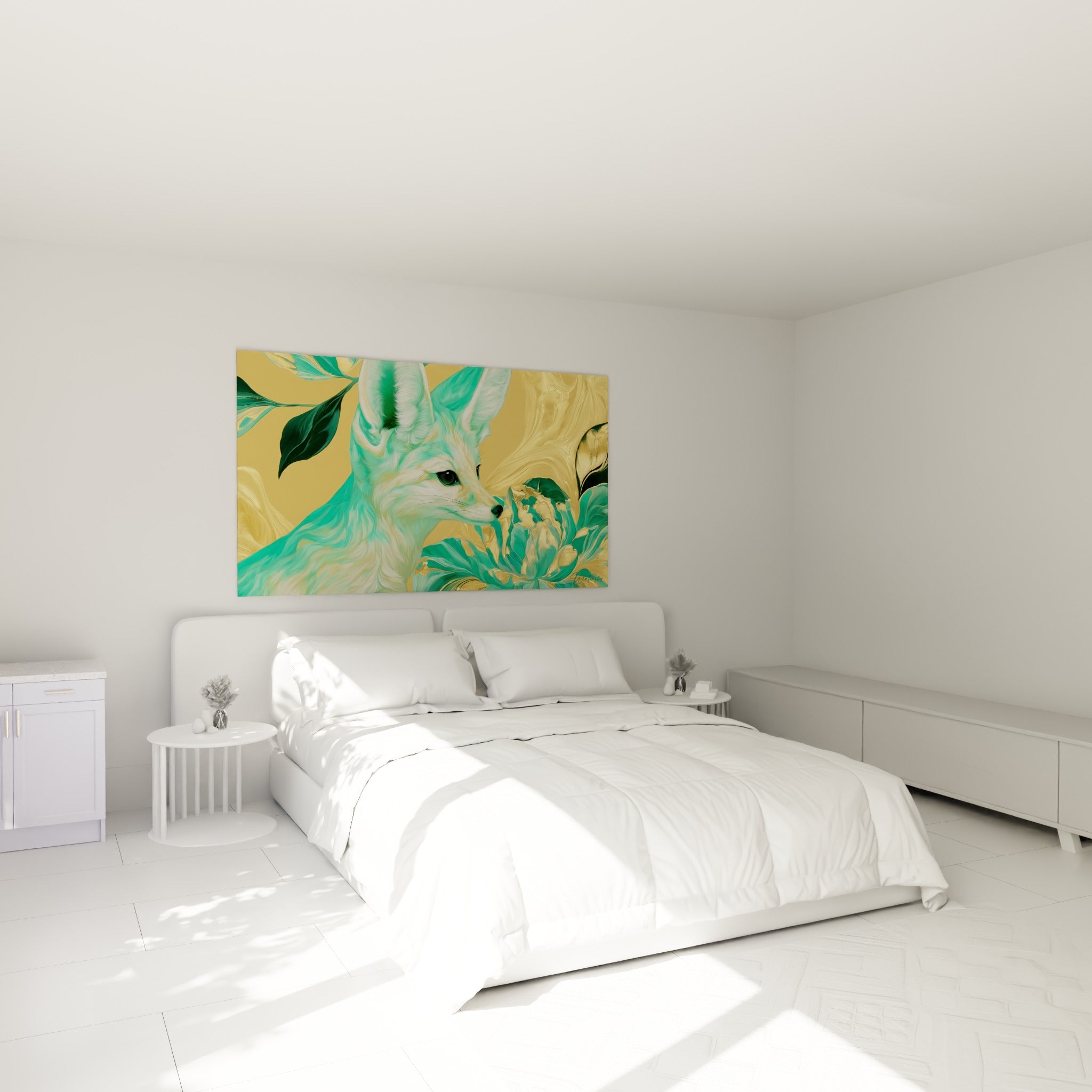 Museau délicat du fennec vert d'eau et fond ocre doré, au-dessus d'un lit dans une chambre claire