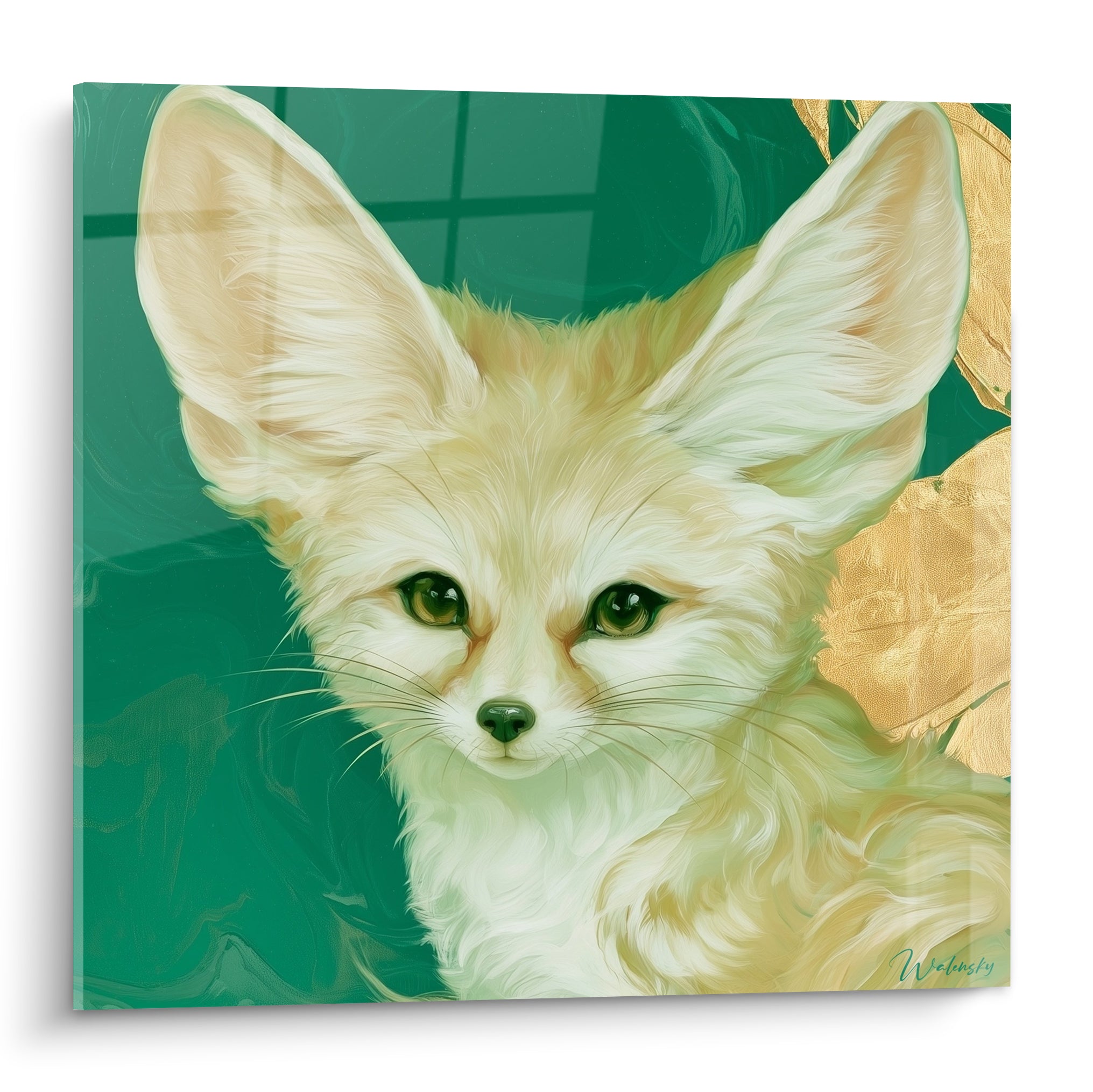 Fennec crème aux grandes oreilles sur fond vert émeraude et feuilles dorées