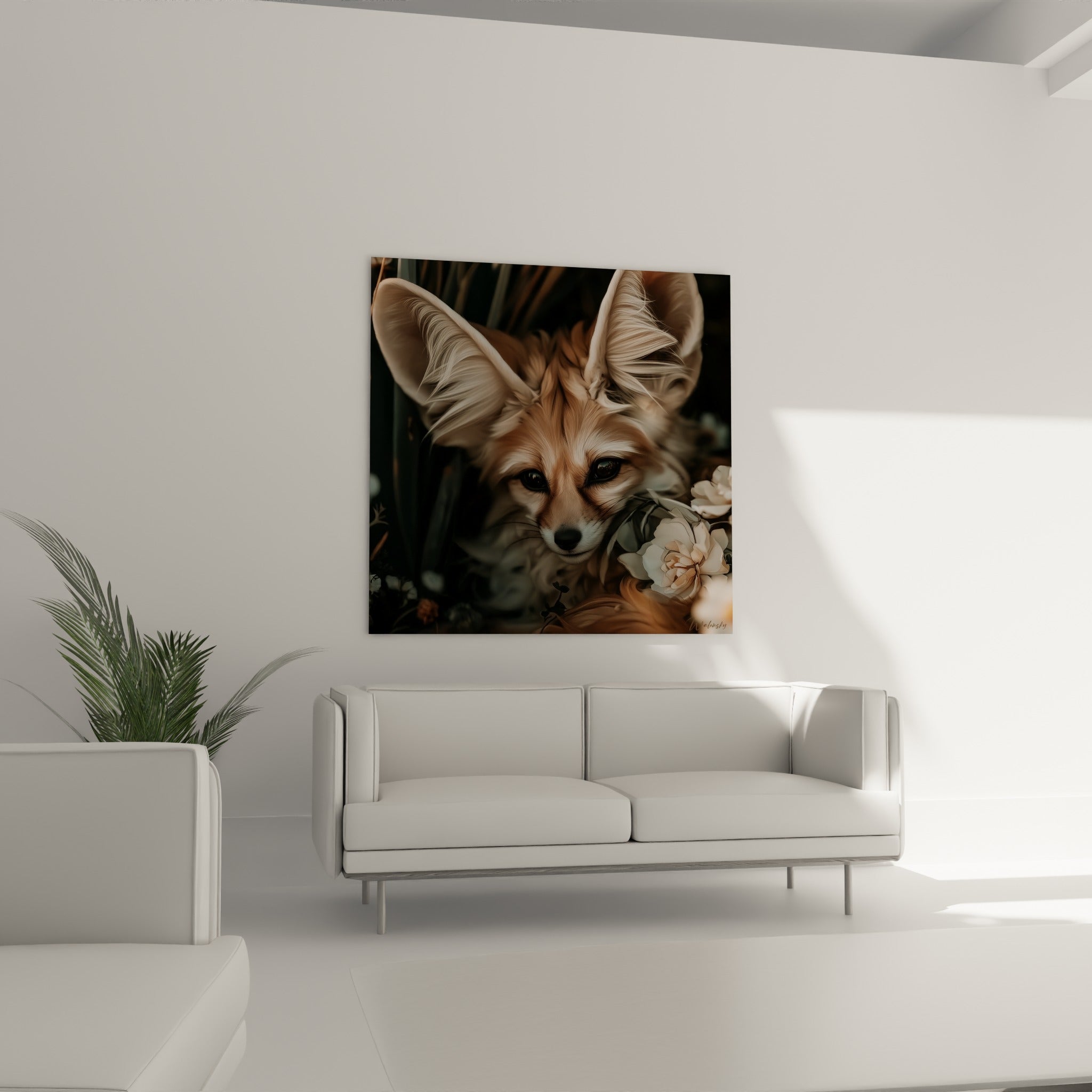Portrait de fennec beige parmi les roses blanches, accroché au-dessus d'un canapé dans un salon lumineux