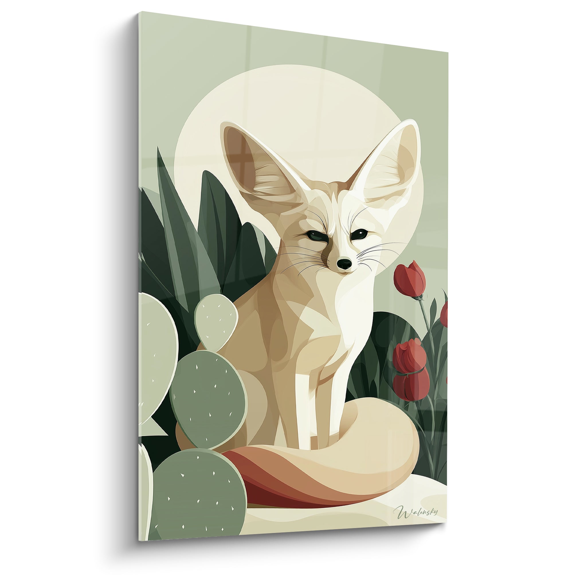 Fennec crème assis face à une lune beige, entouré de cactus vert sauge et tulipes rouges
