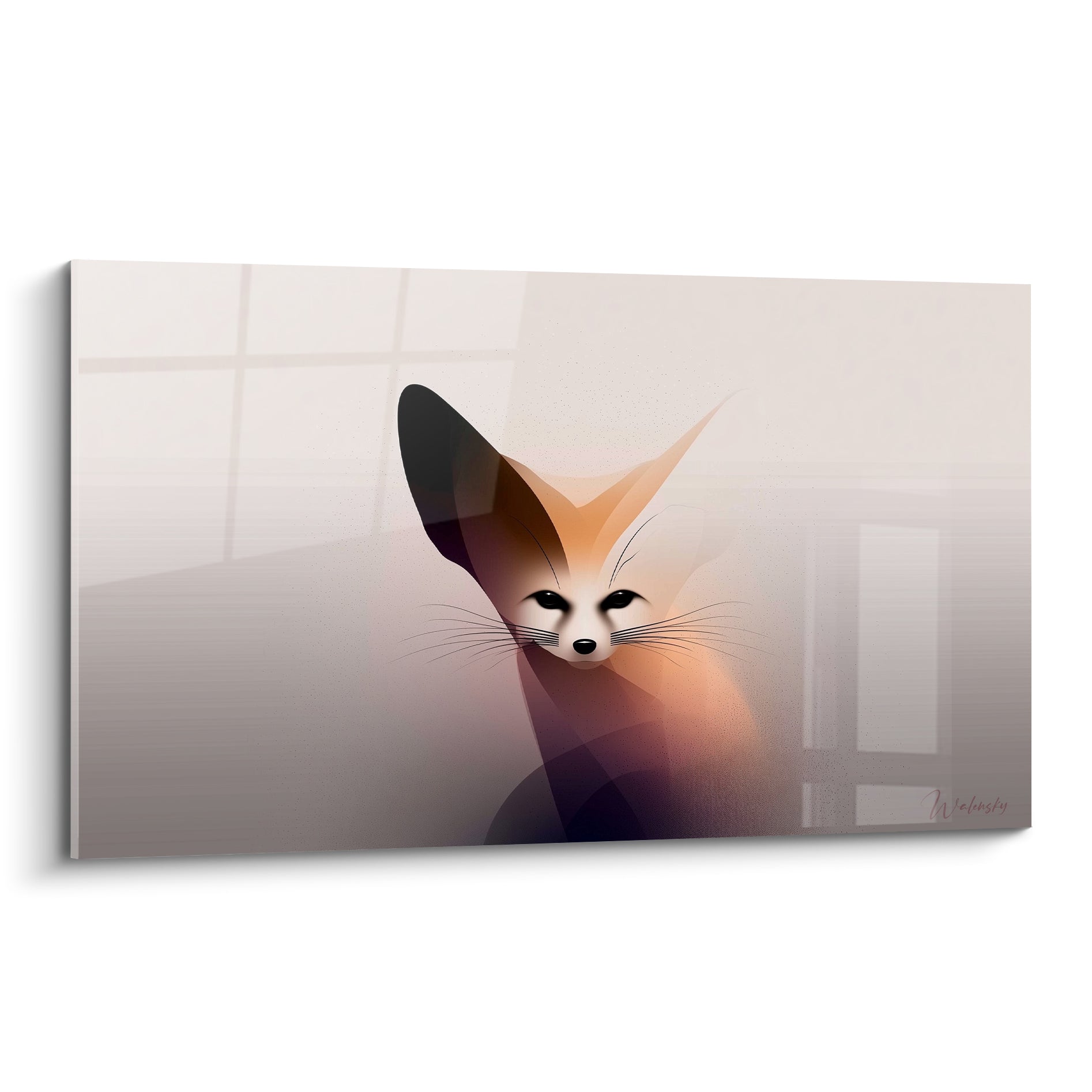 Fennec au visage ocre net émergeant d'un dégradé gris et taupe translucide