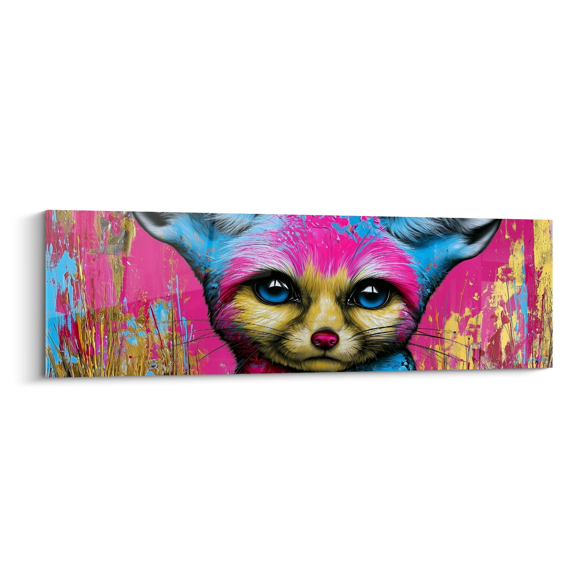 Fennec au regard bleu perçant, fourrure dorée et fond rose fuchsia éclaboussé façon street art