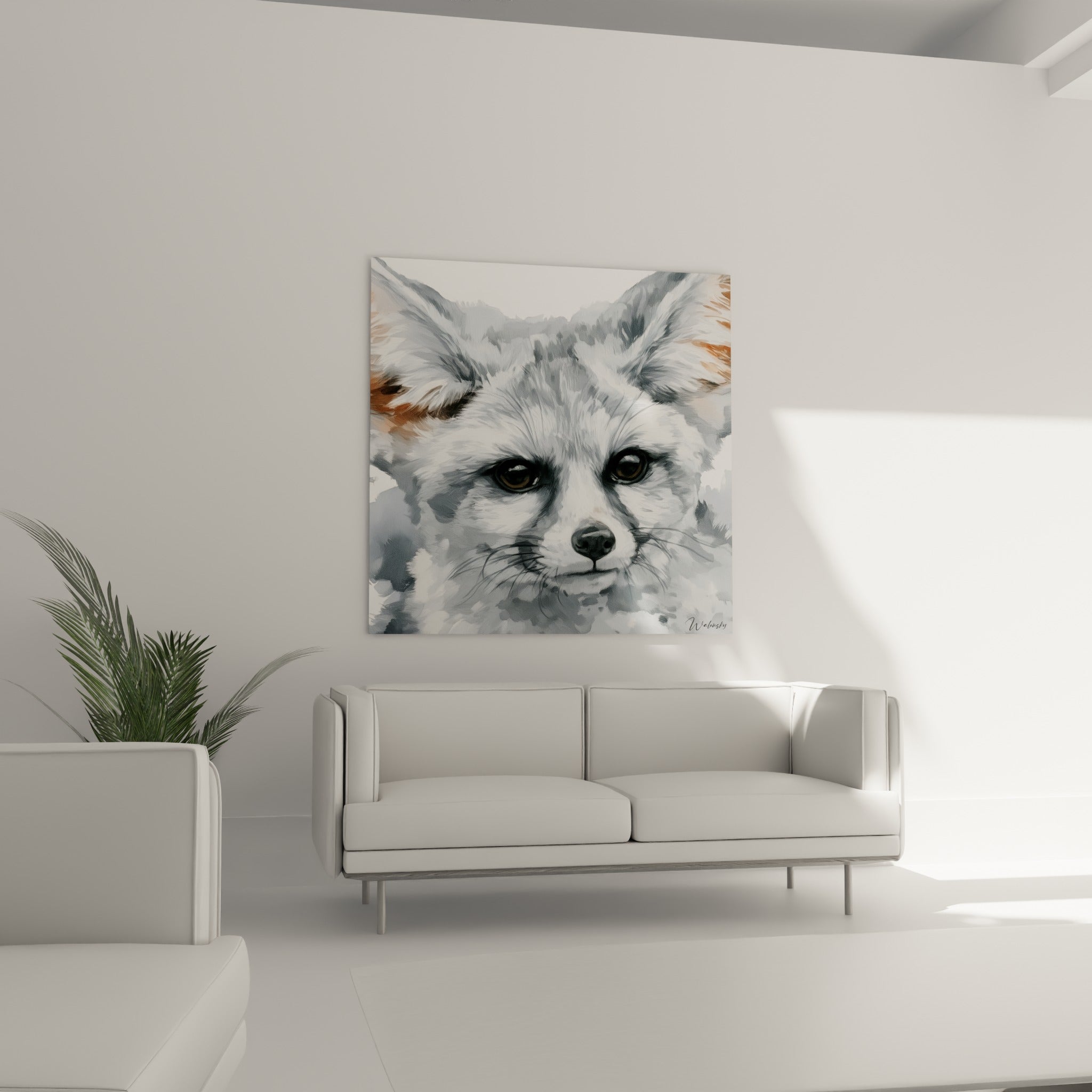 Yeux bruns perçants du Fennec gris et blanc au-dessus d'un canapé dans un salon lumineux
