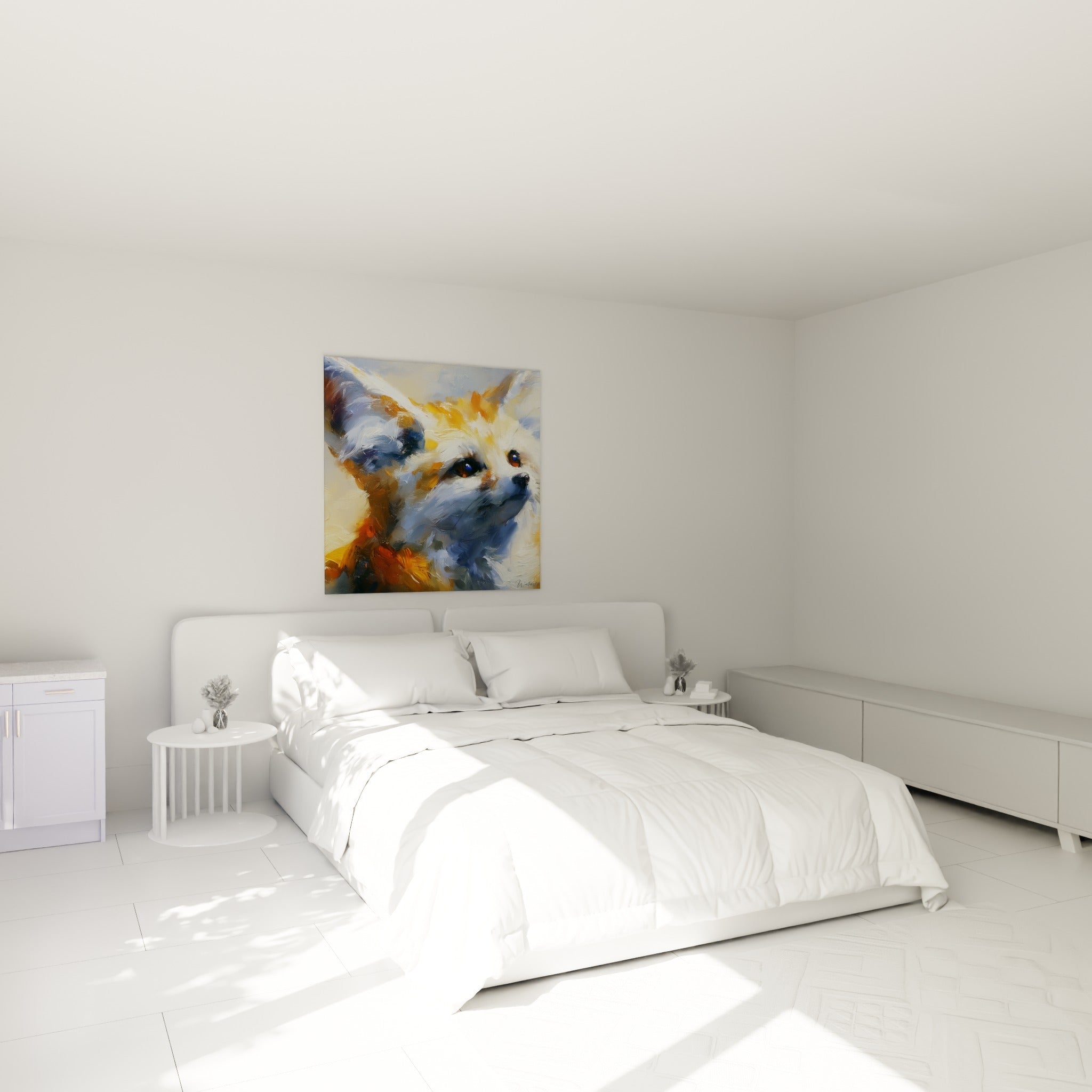 Yeux perçants du fennec ocre et bleu ardoise, peinture au-dessus d'un lit dans une chambre claire