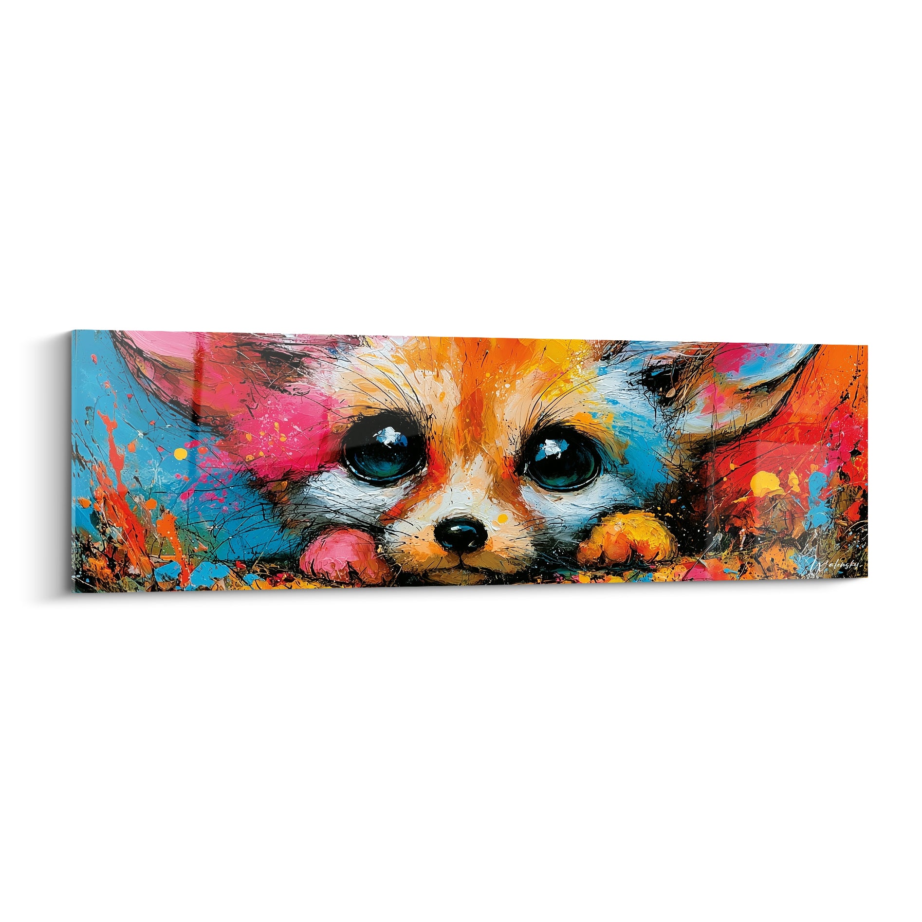 Fennec aux yeux noirs profonds, pelage orange et jaune éclaté sur fond bleu turquoise vibrant