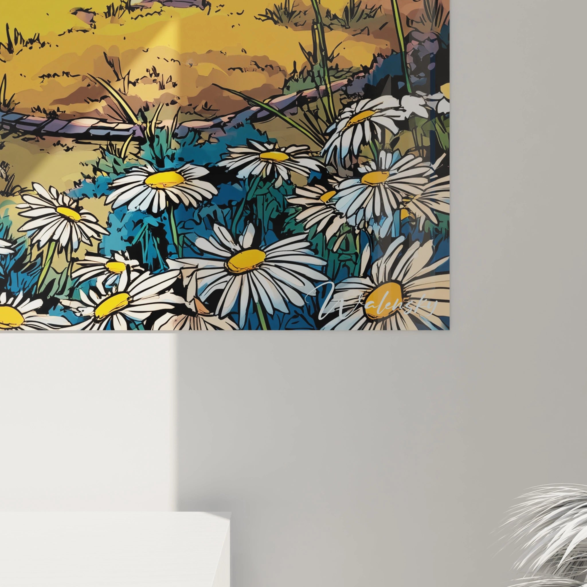 Vue ensemble tableau mural ferme rurale bande dessiné, paysage champêtre coucher de soleil décoratif