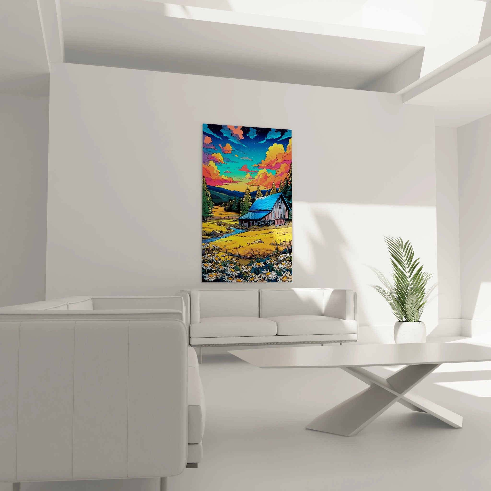 Gros plan tableau ferme traditionnelle coucher de soleil, détails illustration bande dessiné colorée
