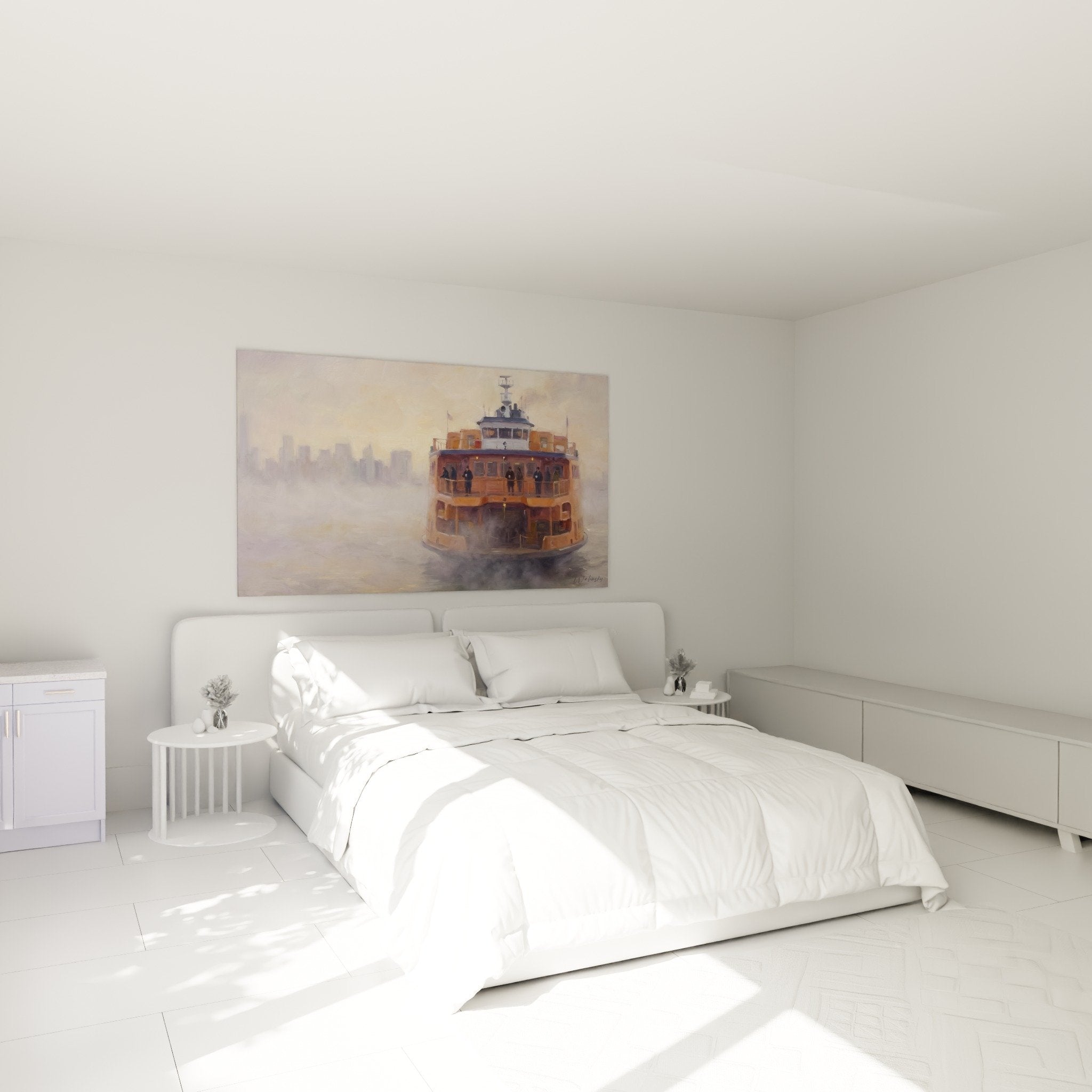 Tableau ferry brume doree tons oranges dans chambre moderne decoration murale apaisante Saten Island