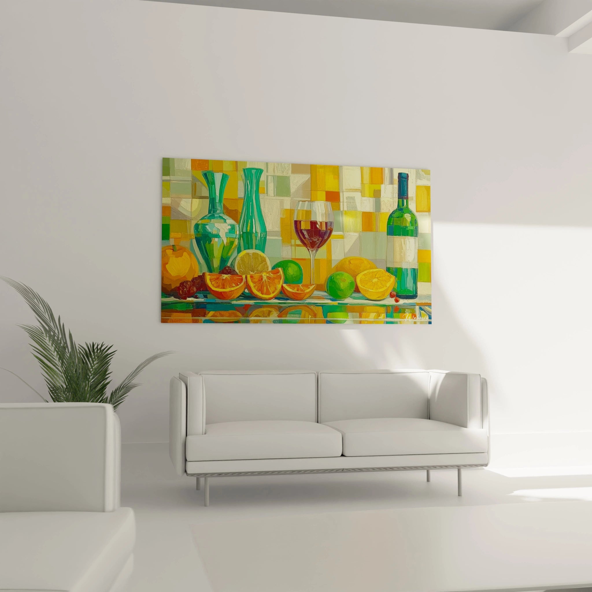 Un tableau nature morte abstrait combinant des agrumes coupés, un verre de vin rouge, et des vases turquoise, sur un fond texturé dans des tons dominants orange, vert, et jaune.