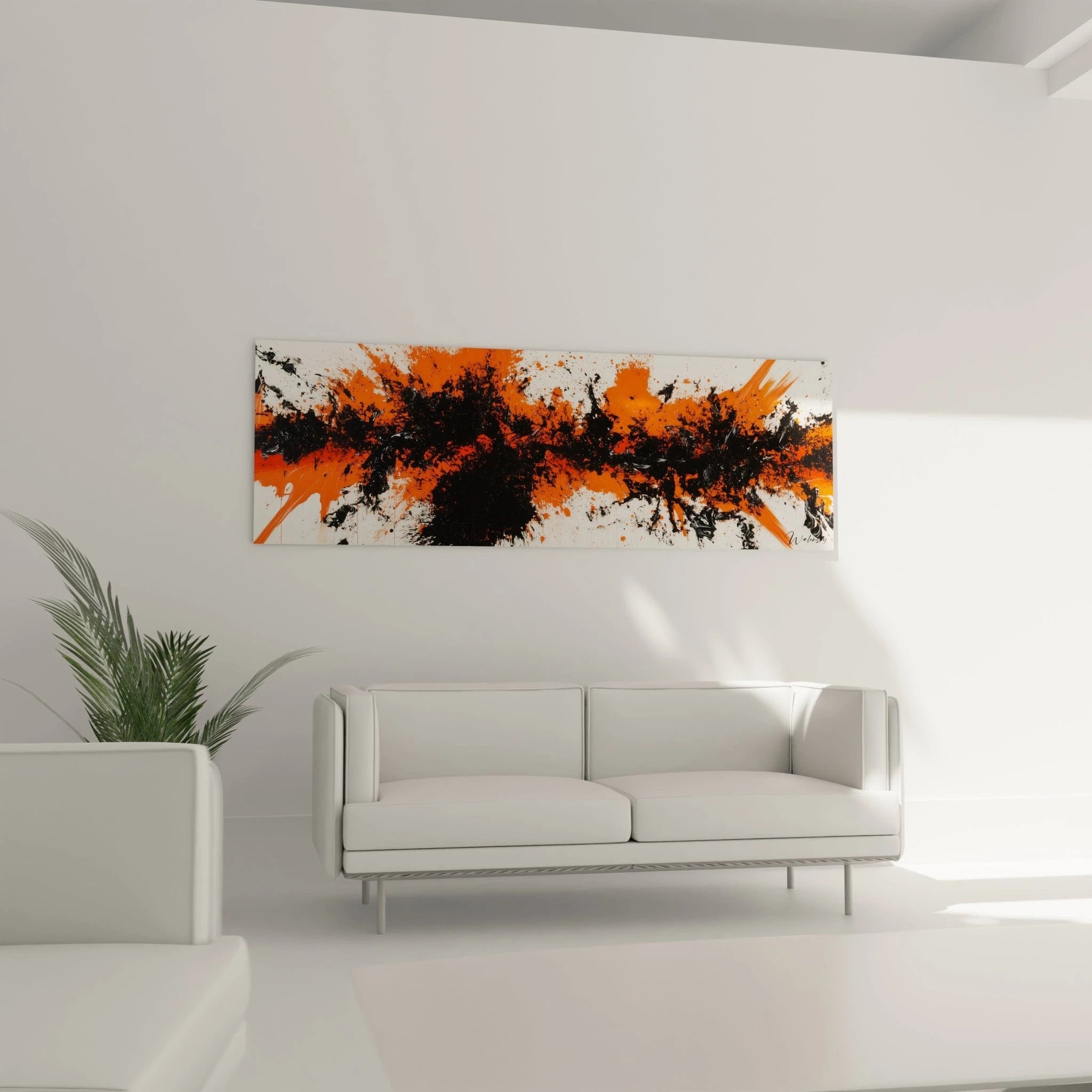 Tableau expressionniste abstrait de Walensky avec des éclaboussures orange et noires sur toile blanche