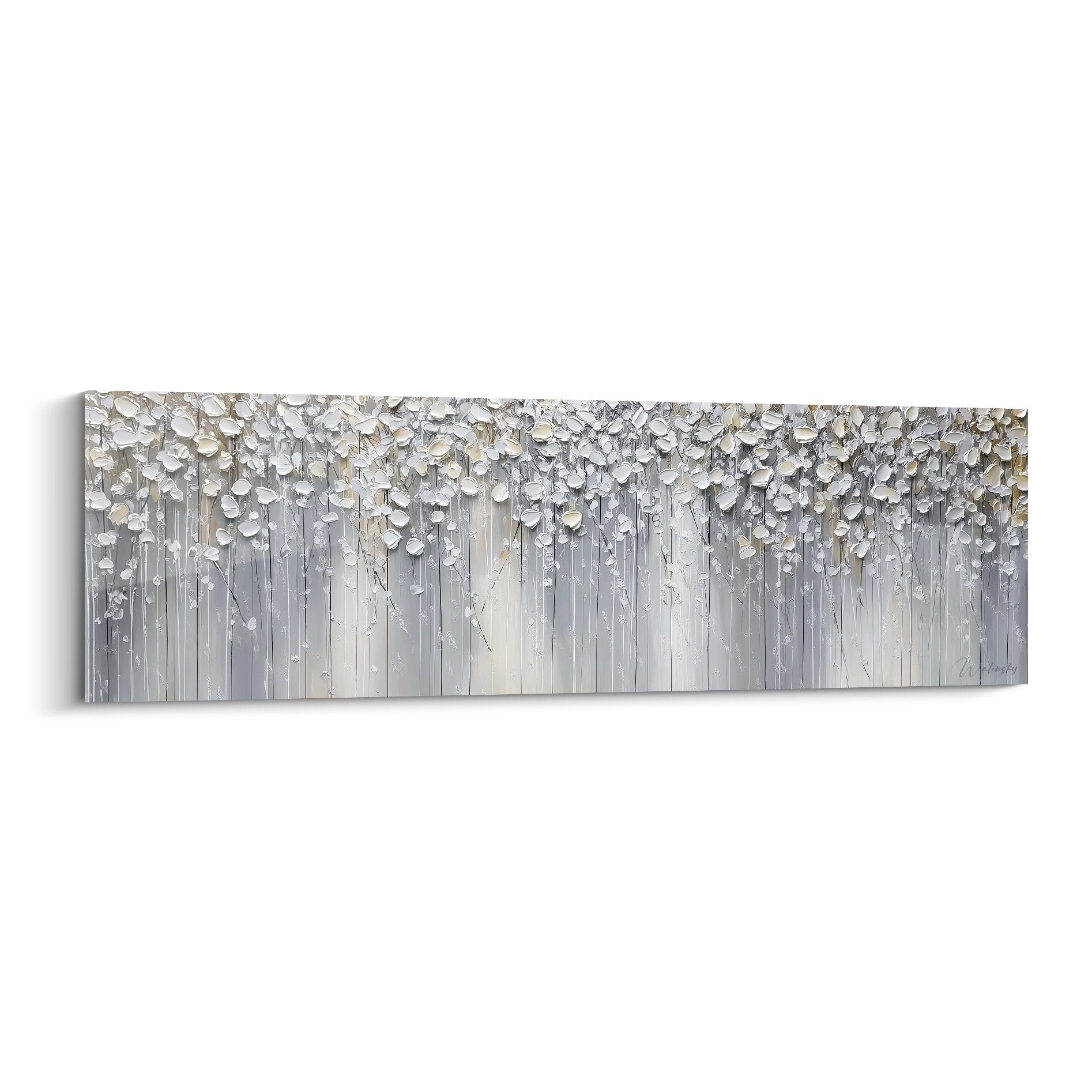 tableau feuillage argente texture relief fond gris cascade feuilles metalliques feng shui ouest metal