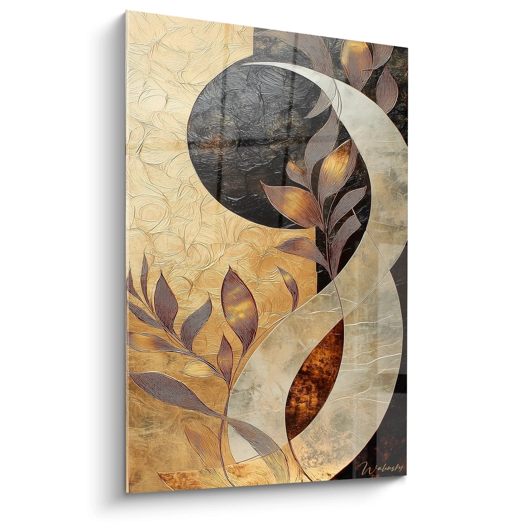 Tableau africain mural Walensky design abstrait avec feuillages dorés et formes courbes élégantes