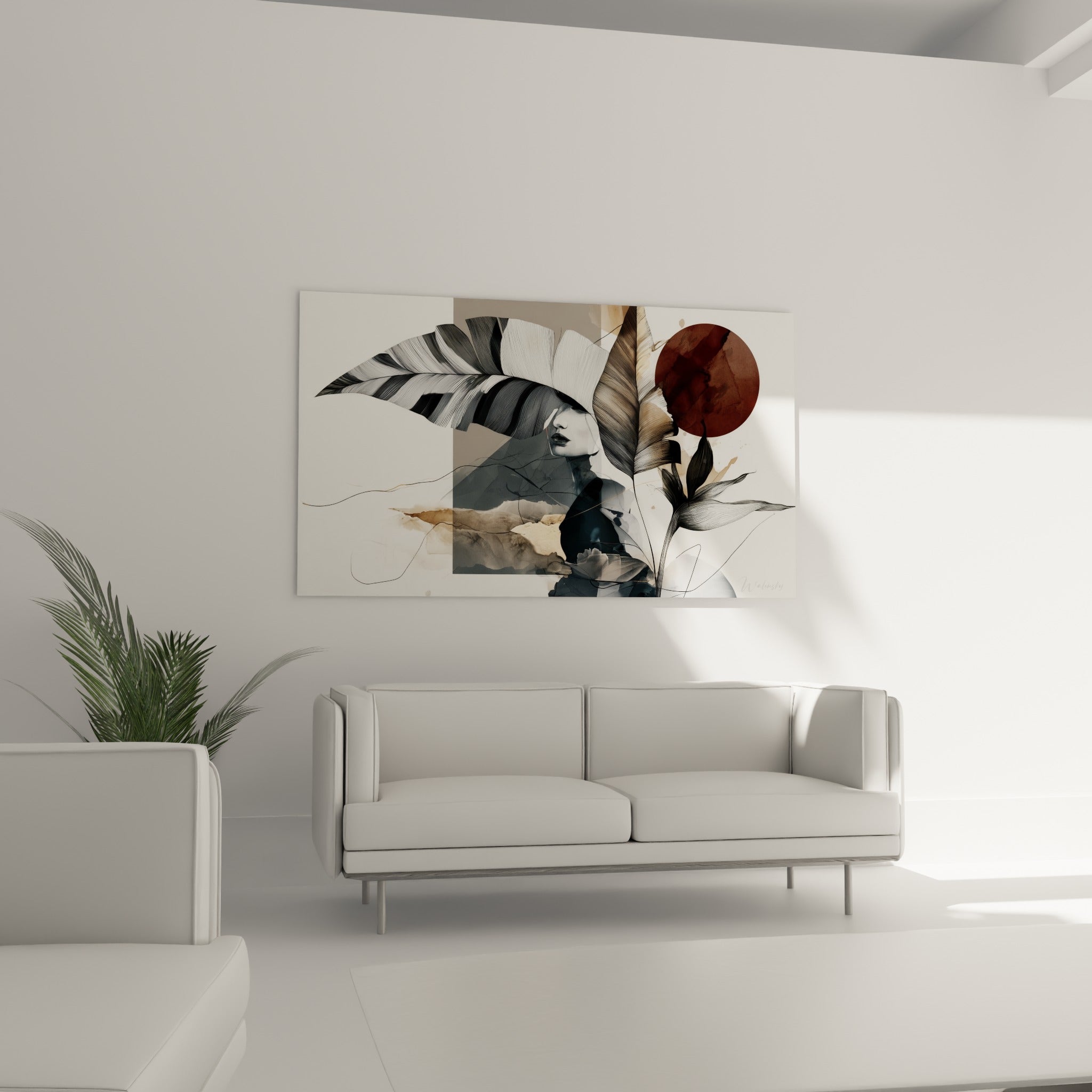 Composition botanique anthracite et terracotta mêlant portrait et feuilles, au-dessus d'un canapé dans un salon lumineux