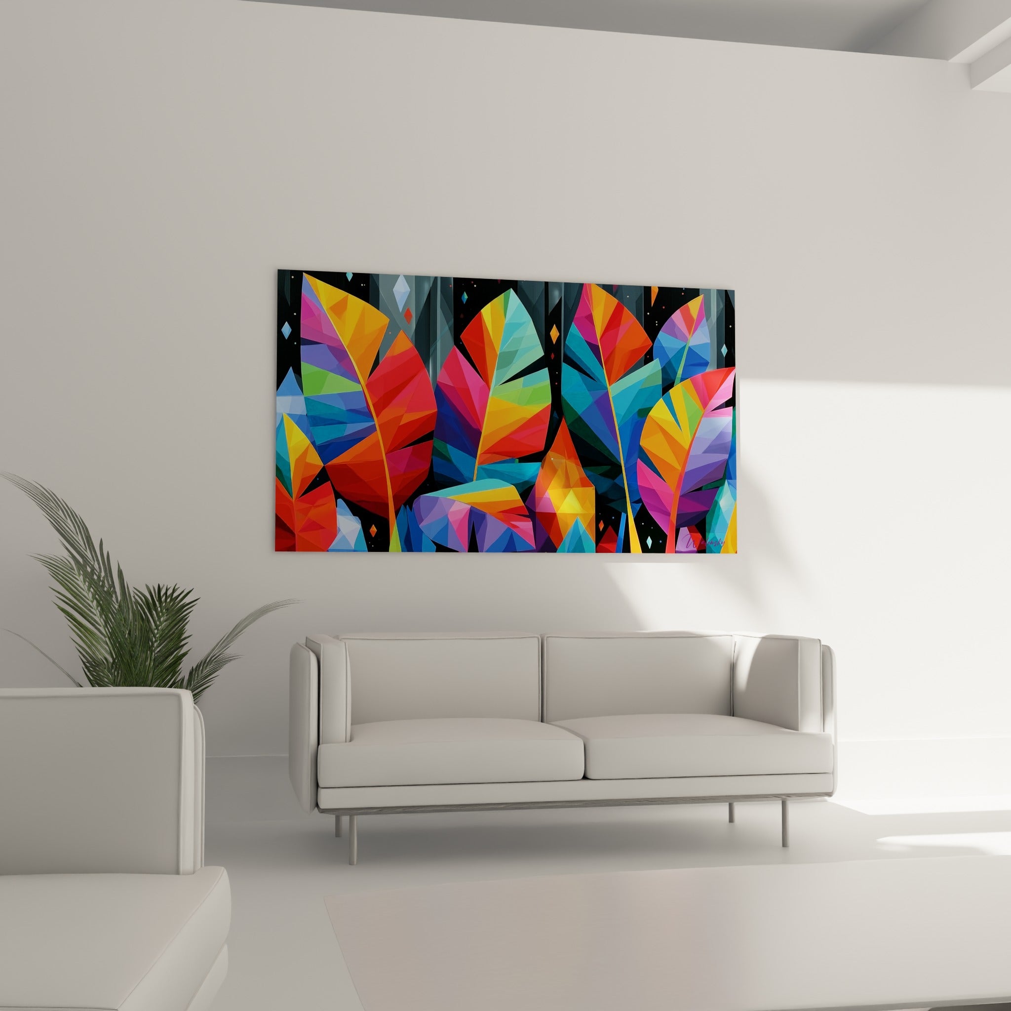 Composition de feuilles de bananier dorées et bleues disposée au-dessus d'un canapé dans un salon lumineux