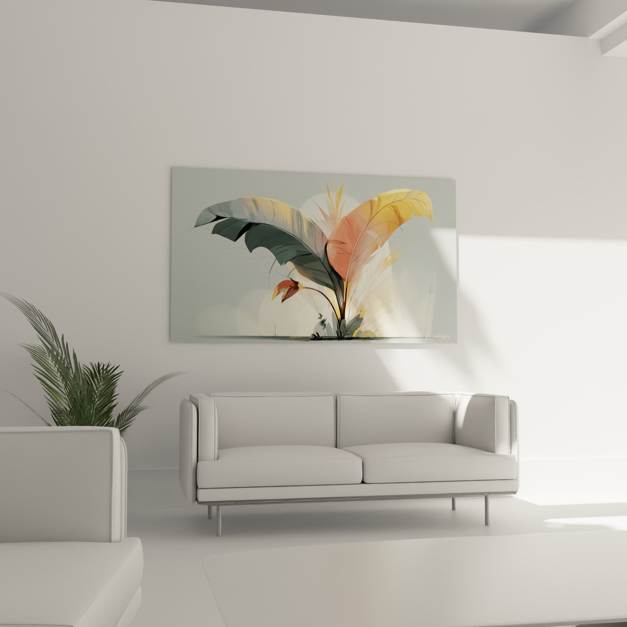 Tige centrale dorée entourée de feuilles corail et grises au-dessus d'un canapé dans un salon lumineux