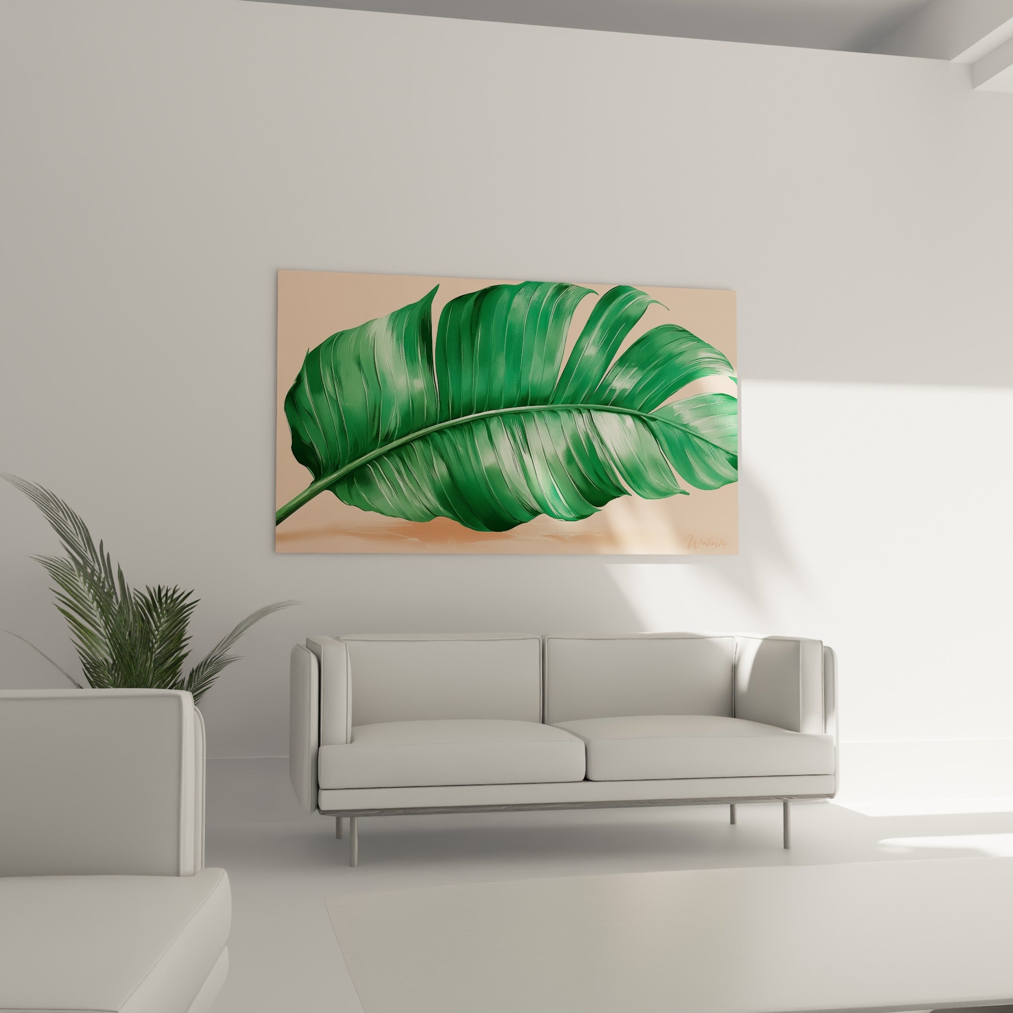 Grande feuille de bananier verte et pêche accrochée au-dessus d'un canapé dans un salon lumineux