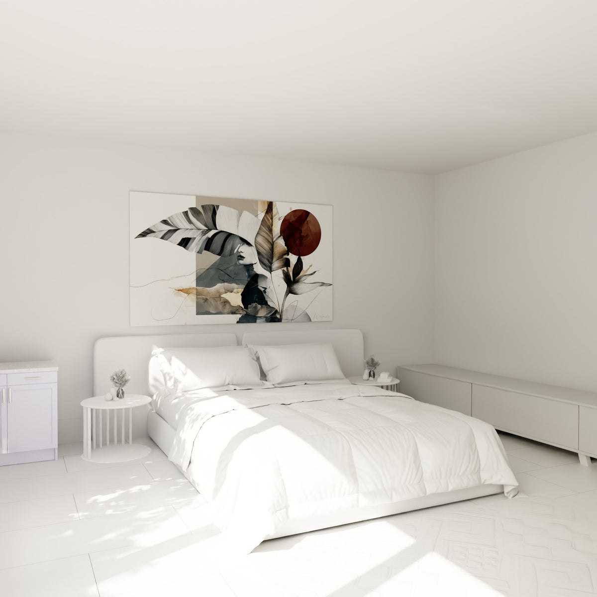 Visage esquissé sous un feuillage graphique noir et brique, accroché au-dessus d'un lit dans une chambre claire