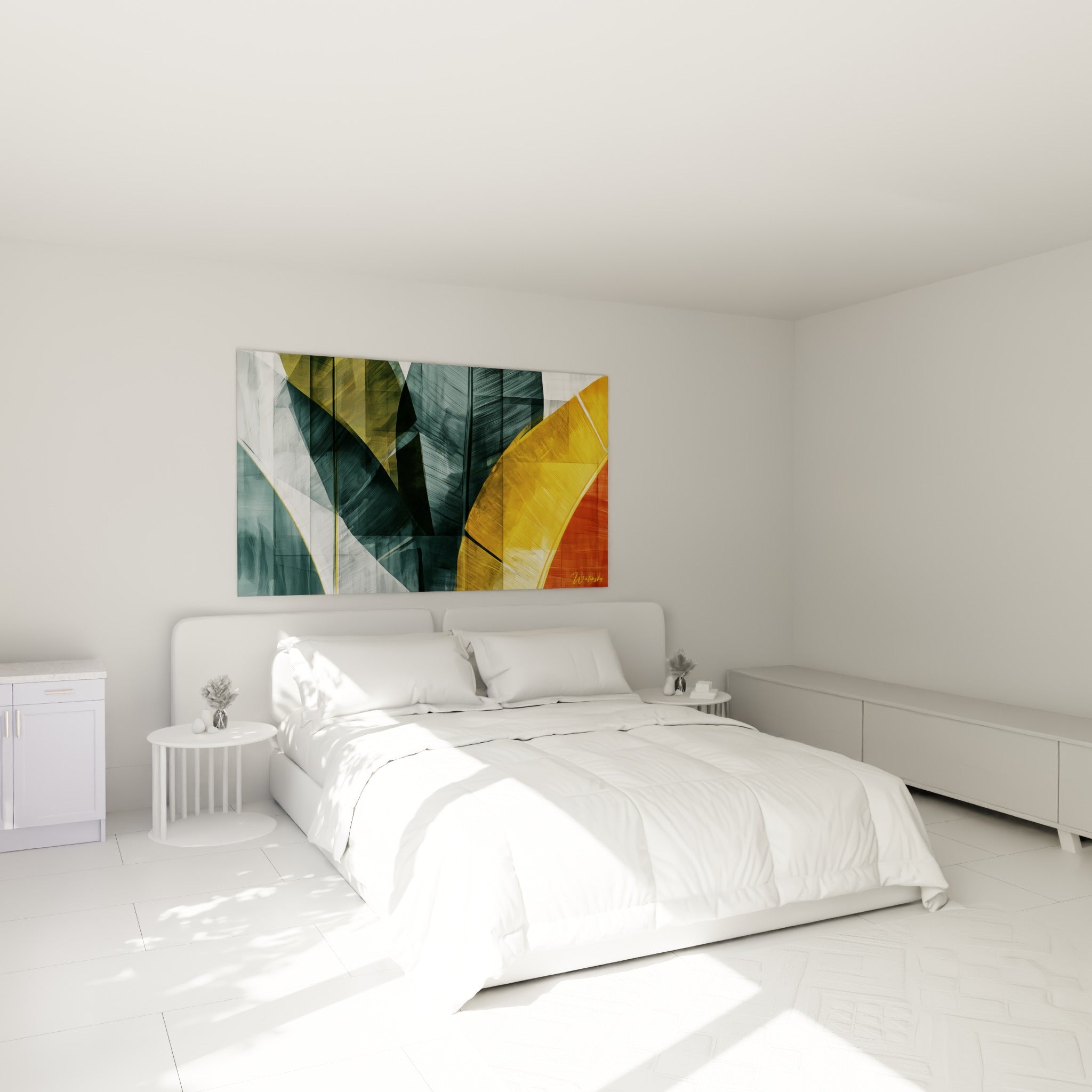 Composition végétale anthracite et dorée de feuille de bananier au-dessus d'un lit dans une chambre claire