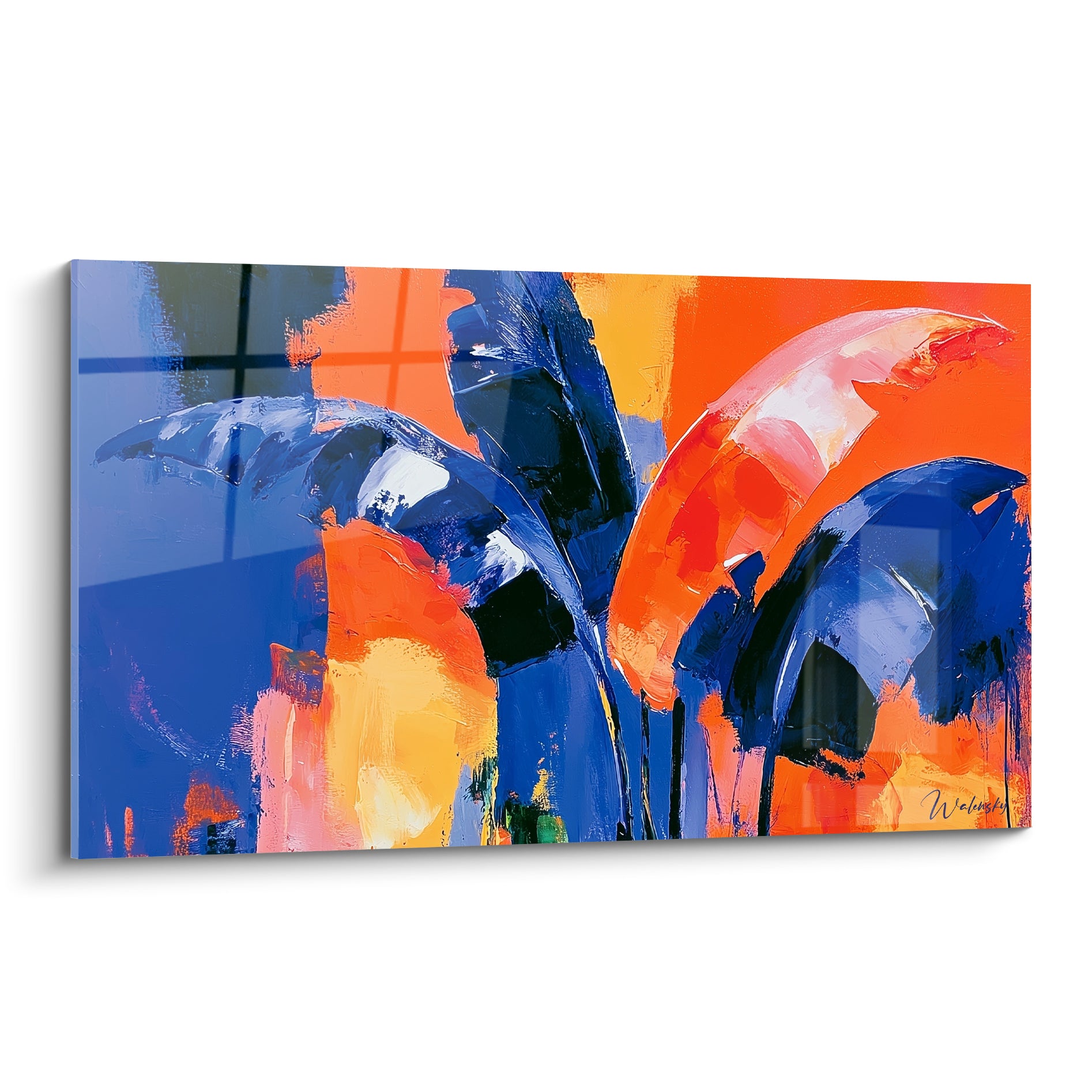 Feuilles de bananier bleu marine et orange vif peintes en larges empâtements expressifs