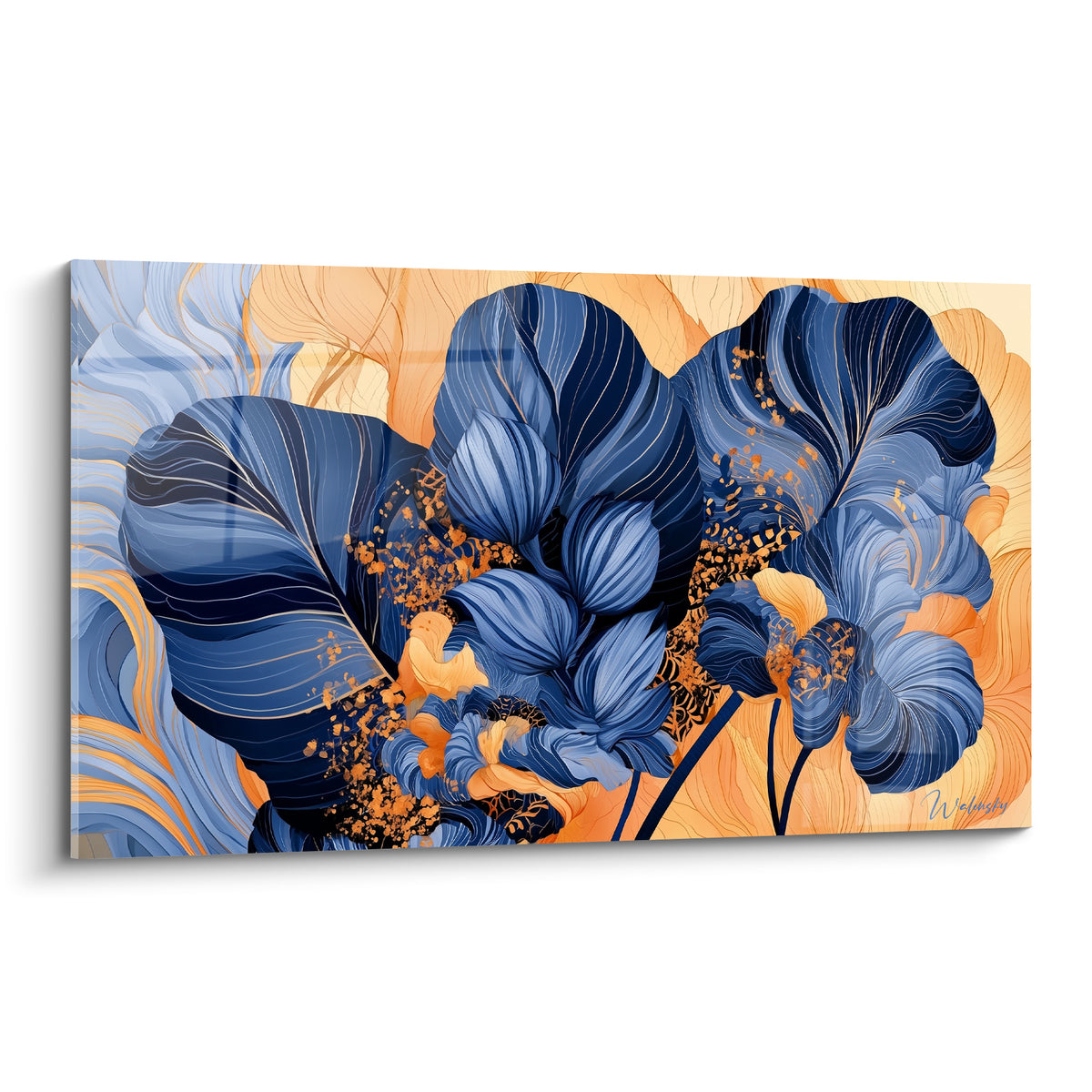 Feuille de bananier bleu marine et orangé en volutes stylisées sur toile graphique