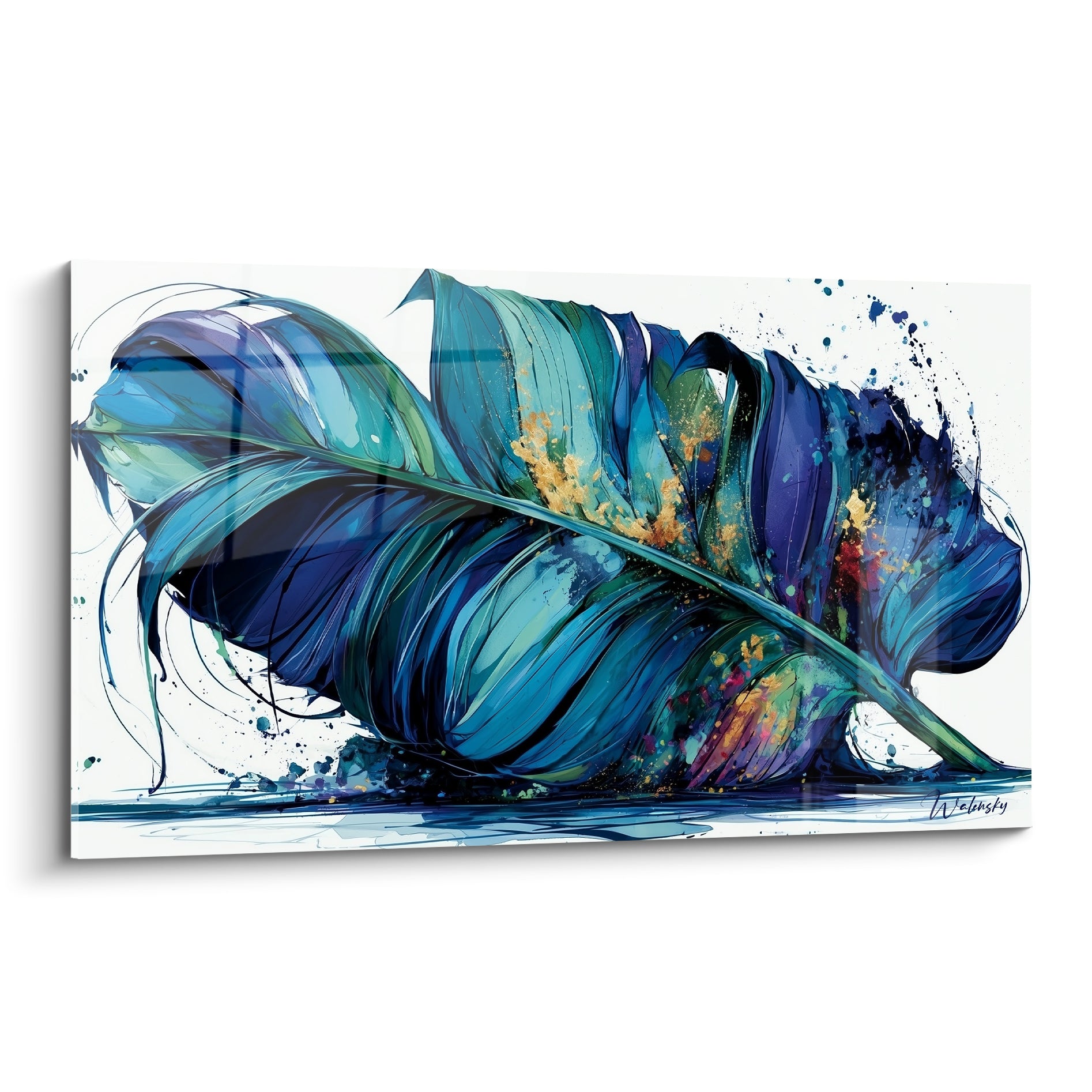 Feuille de bananier bleu marine et turquoise éclaboussée d'or sur fond blanc pur