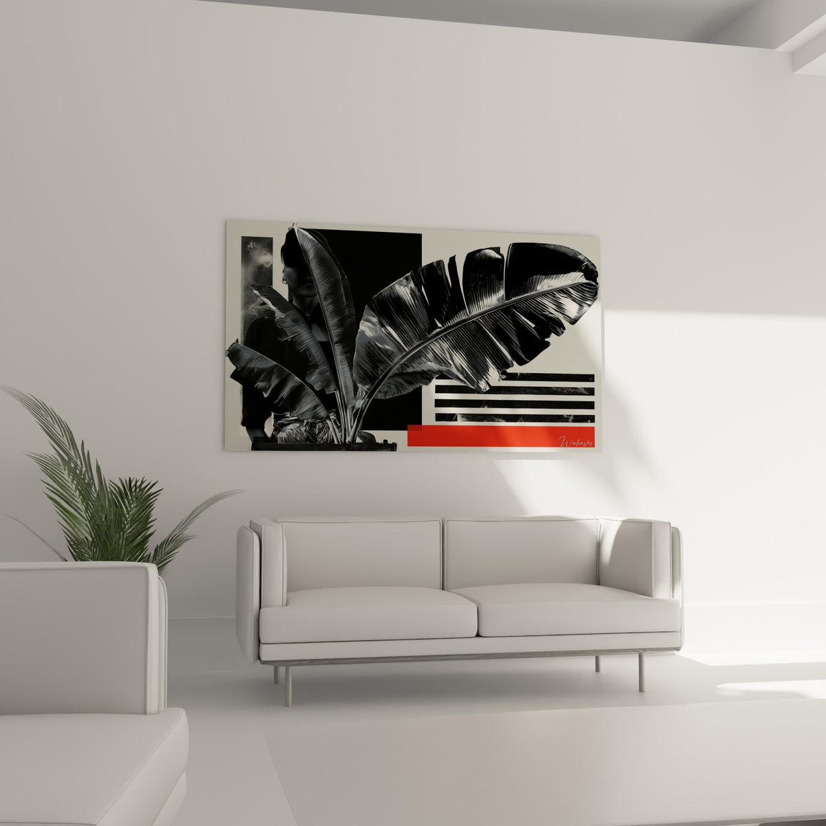 Feuilles noires texturées et bande écarlate, tableau accroché au-dessus d'un canapé dans un salon lumineux