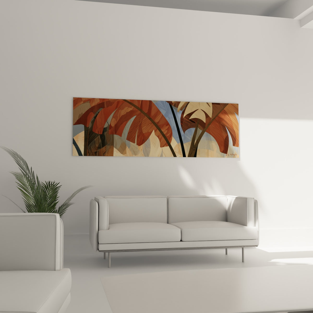 Frondes de bananier ocre et bleu pastel disposées au-dessus d'un canapé dans un salon lumineux