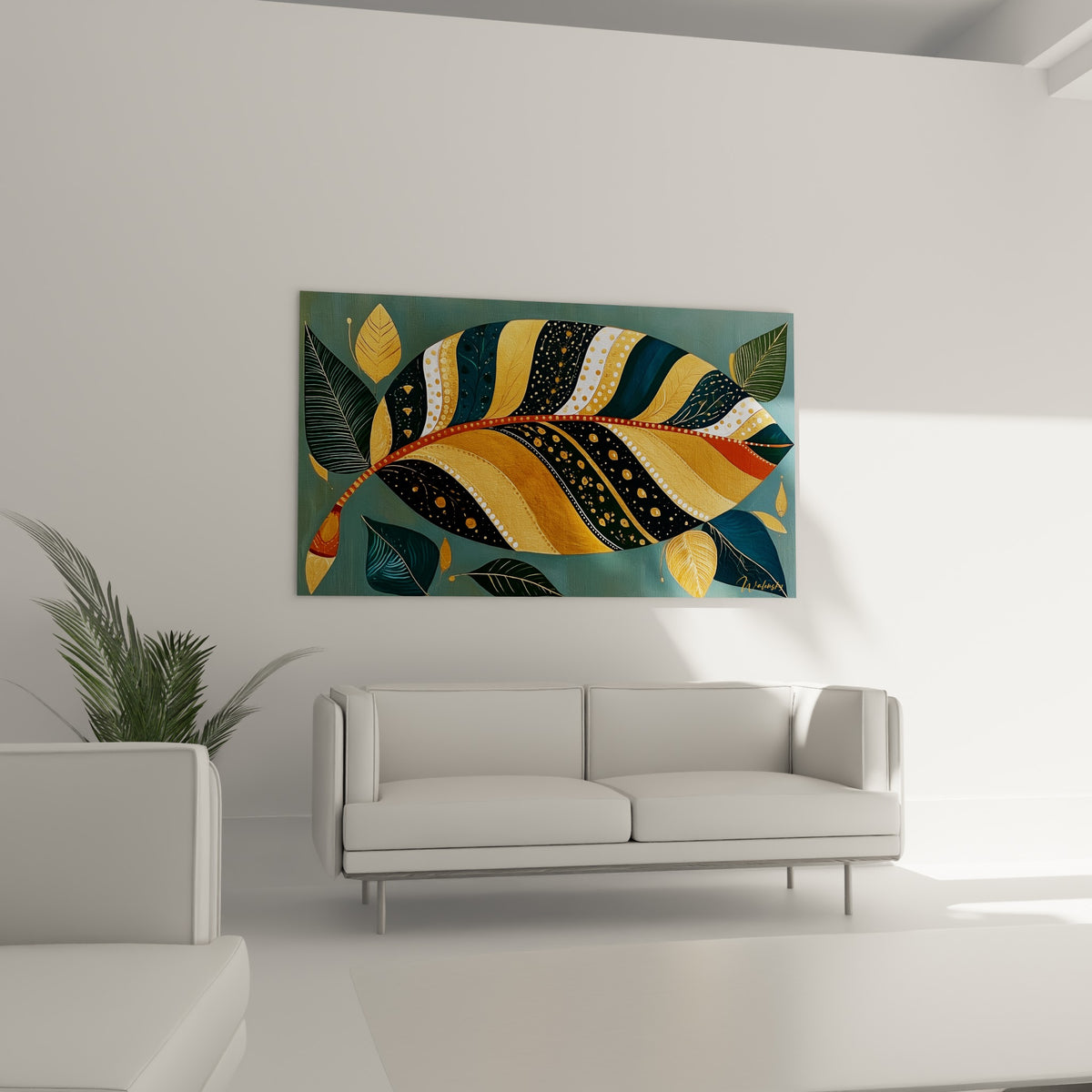 Motifs dorés et bleu pétrole de la feuille de bananier suspendus au-dessus d'un canapé dans un salon lumineux