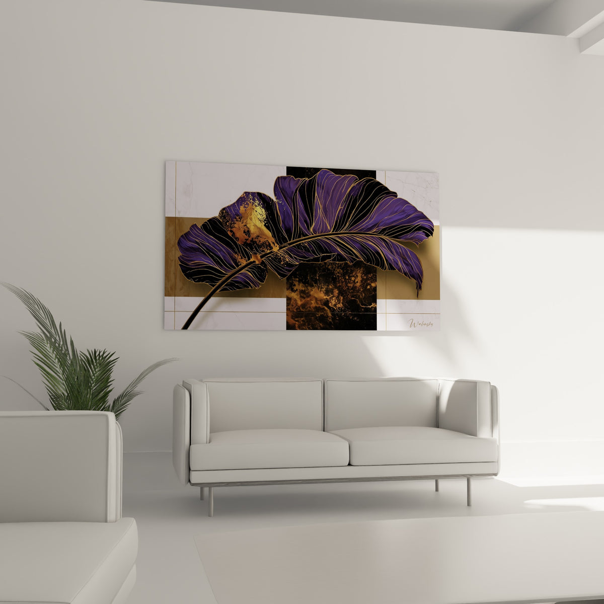 Feuille de bananier anthracite et violette au-dessus d'un canapé dans un salon lumineux