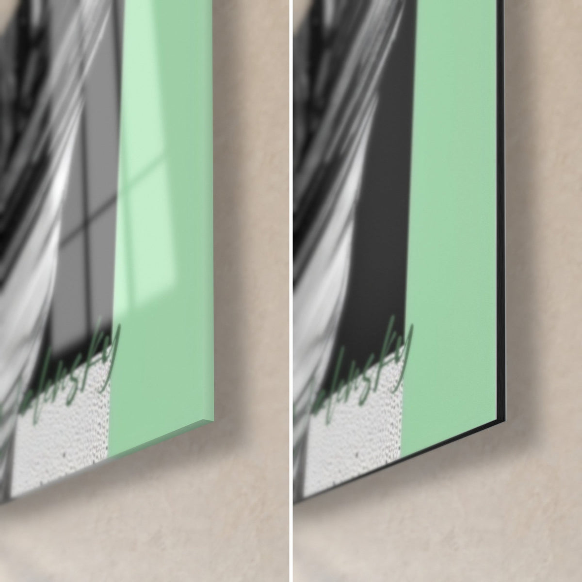Gemälde grüne Palme und schwarzes gestreiftes Blatt, untere rechte Ecke: minzgrüner Rahmen, glänzendes Glas, das das Fenster spiegelt, schwarzes Dibond