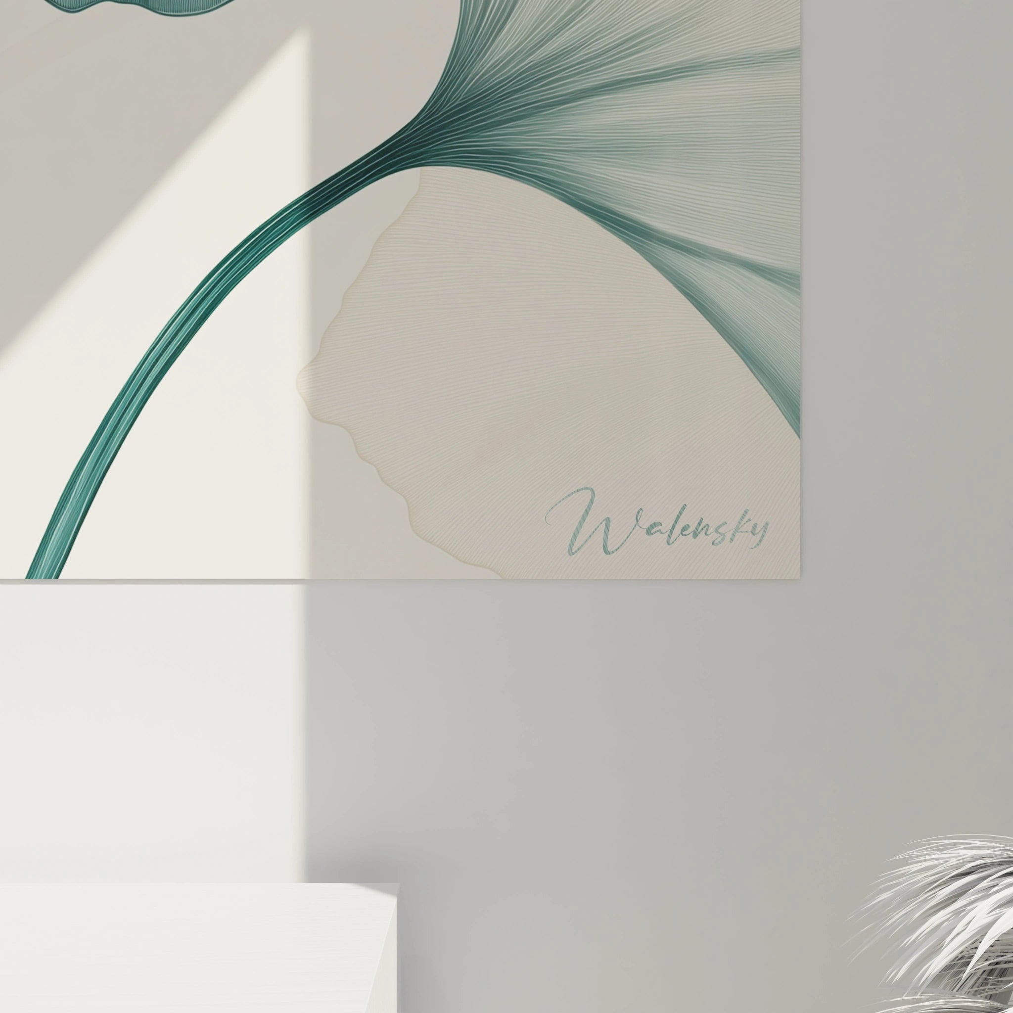 Ce tableau Feuille de ginkgo nature affiche des feuilles aux formes arrondies, dans des tons verts et beiges. Les lignes délicates et le fond texturé créent une impression de profondeur légÚre.